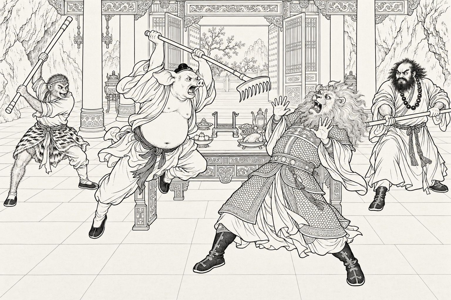 A line drawing in the manner of a late-Qing lithographed edition: In the great hall of a mountain cave by day, a pig-headed pilgrim leaps in front of a laden offering table and swings a nine-toothed rake down at a lion-headed demon in scale armour, who leans far back with empty hands raised, while a tiger-kilted monkey on the left lifts an iron staff and a bearded, bead-necklaced monk on the right levels a heavy staff, with open doors onto a flowering courtyard behind.