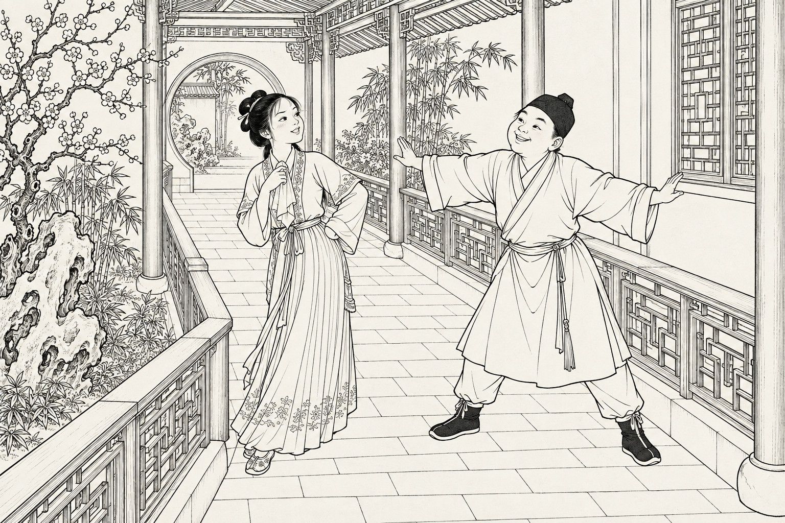 A line drawing in the manner of a late-Qing lithographed edition: on a covered corridor with lattice railings that runs past a round moon gate, the maid Jia Hui stands with one hand on her hip and a handkerchief held to her chest, looking back with a sly smile, while the round-faced page boy Jin Jian, in a soft cap and short robe, spreads both arms wide to block her way and grins; a plum tree, a garden rock and bamboo stand beside the corridor.