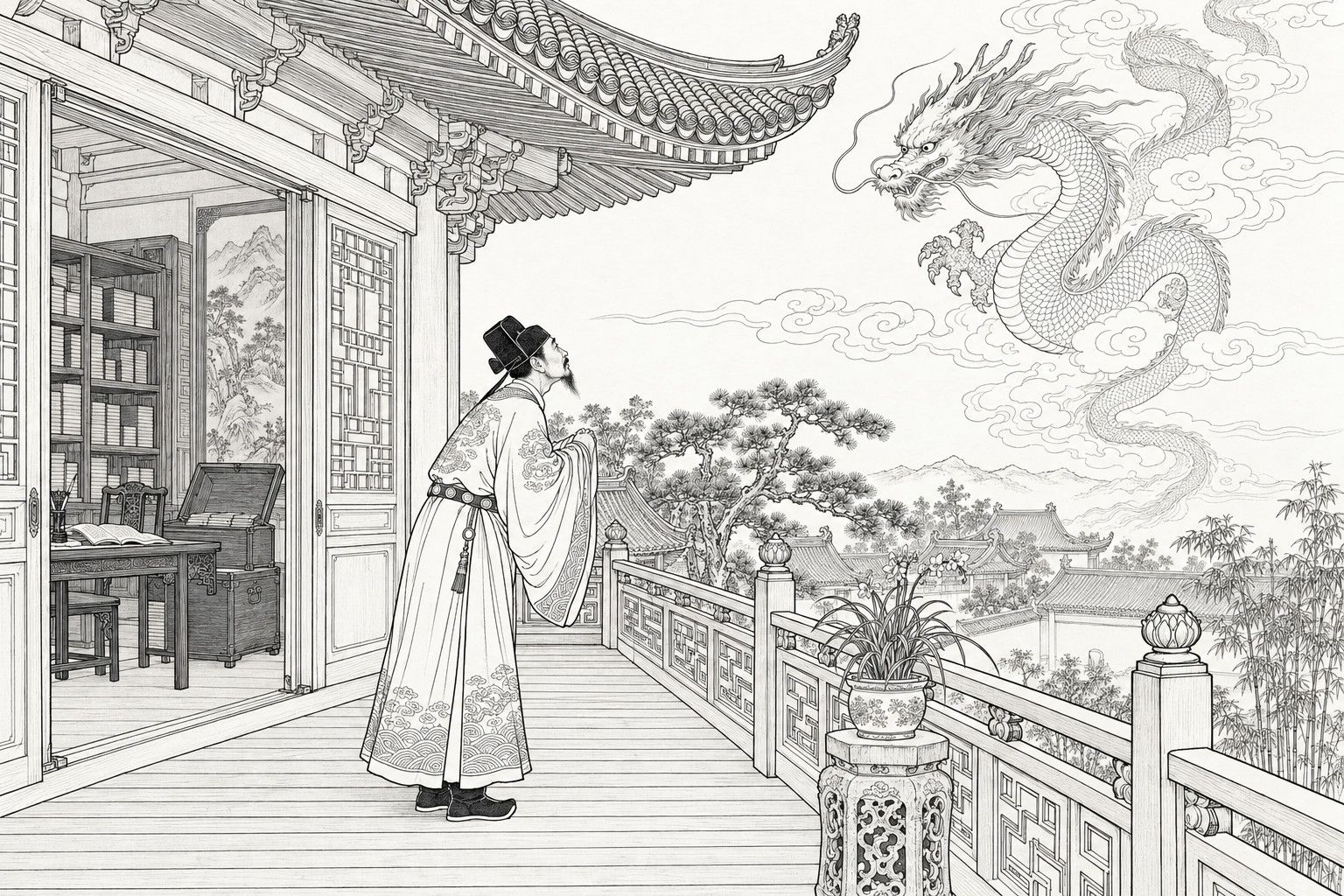 A line drawing in the manner of a late-Qing lithographed edition: on an overcast day, an official in a black gauze cap and a wide-sleeved robe stands with his hands clasped on the upstairs veranda of a scholar's library, looking up at an auspicious dragon that coils among thin clouds beyond the railing and turns its head back toward him, while through the open door a desk with an open book, an opened book chest and shelves of volumes can be seen, with pines, bamboo and distant roofs below.