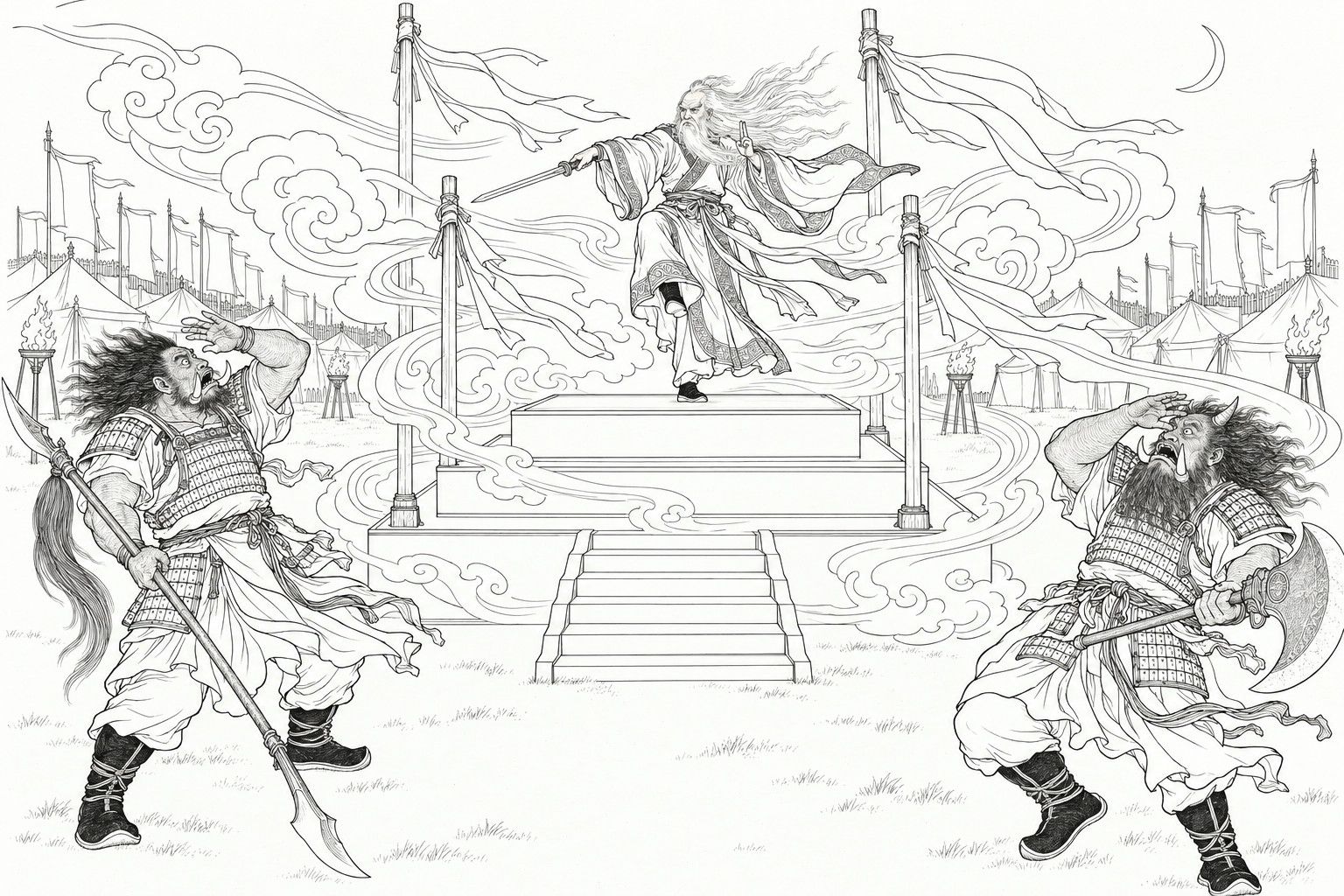 仿清末石印本的线描：夜里的军营中，披发飞扬的白发老子牙立在三层高台上，一足抬起，一手持剑前指，另一手掐诀，风云和四角桩上的长条符纸绕台翻卷；提戟和执大斧的两个獠牙巨汉被狂风拦住，各用一手遮眼，仰头惊愕。