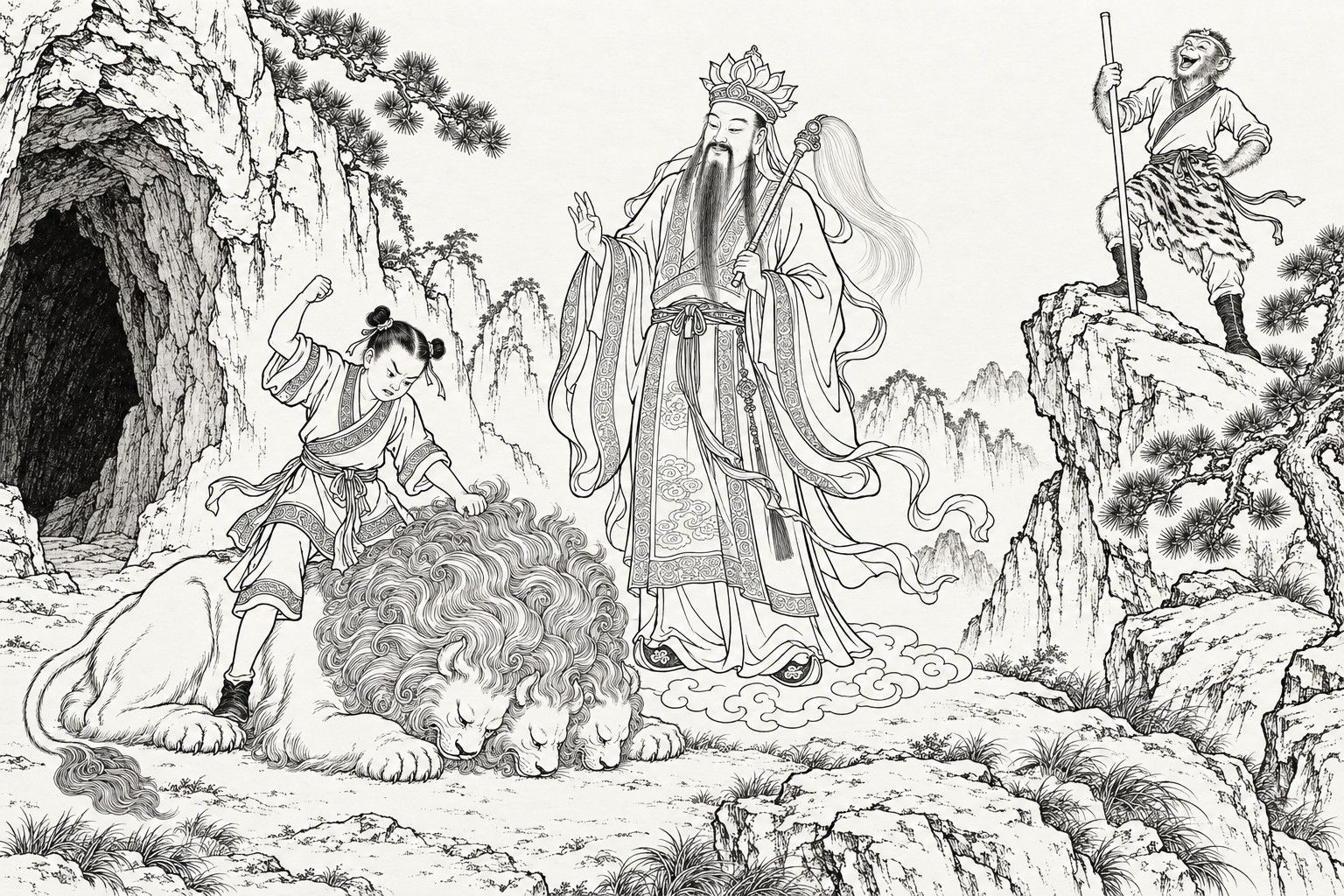A line drawing in the manner of a late-Qing lithographed edition: before a cave mouth on a rocky peak, a bearded heavenly lord in a lotus crown, holding a fly whisk, stands on a small cloud looking down at a huge many-headed lion lying with its heads bowed to the ground, while a young attendant with two hair buns grips its mane and raises a fist, and Sun Wukong laughs on a crag at the right, leaning on his staff.