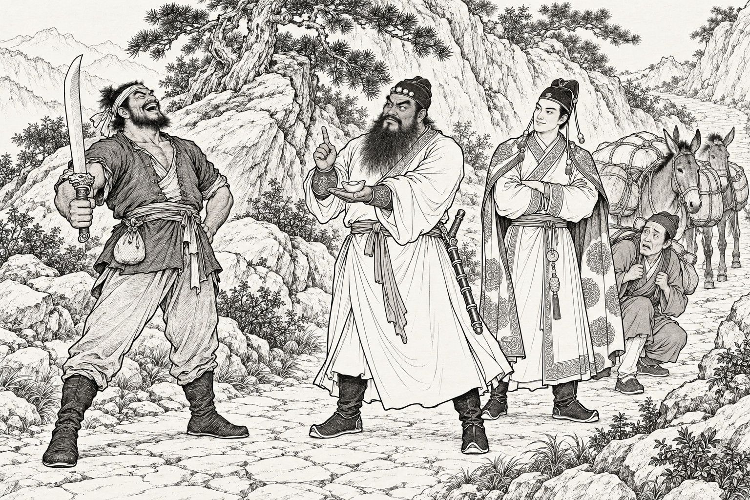 仿清末石印本的線描：有松樹和峭壁的石山路上，一個包頭帶的大個子強盜大笑著，一手叉腰，一手豎握著寬刃大刀；面對他，一個魁梧的虯髯漢子攤開手掌托著一錠小銀子，另一手豎起一指，像是友善的勸誡；他旁邊，披斗篷、戴纓帽的白淨青年抱著手含笑旁觀；右邊一個揹著包袱的行路人嚇得蹲著，身後還有兩頭馱著貨的騾子。