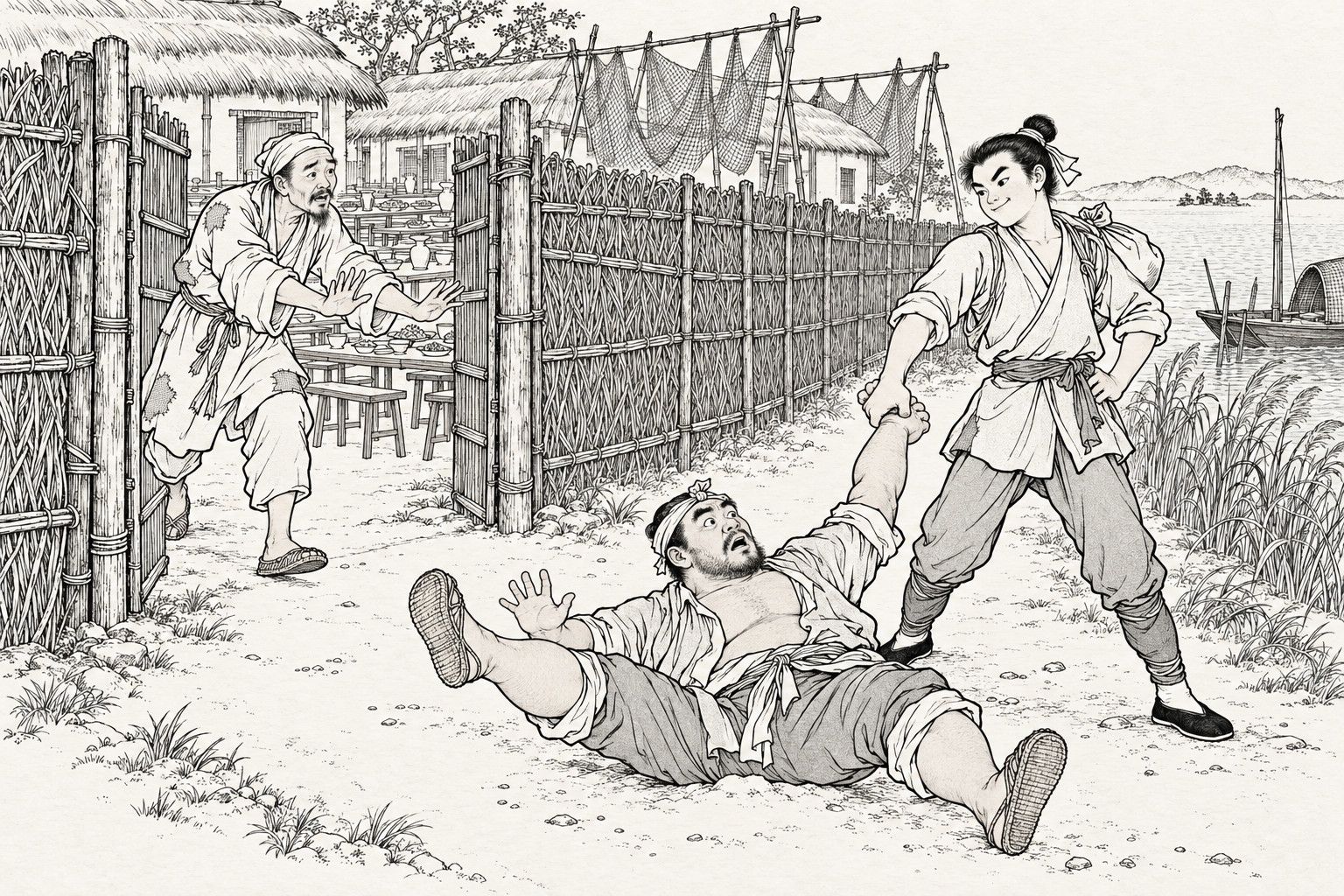A line drawing in the manner of a late-Qing lithographed edition: outside a brushwood gate in a lakeside fishing village, the young Ai Hu, a bundle on his back, stands grinning with one hand on his hip and the other twisting the wrist of the stout fisherman Shi Yun, who lies sprawled on his back in the dust; the old fisherman Zhang Li hurries out of the gate with both hands held out to make peace, and the feast tables stand empty in the yard behind.