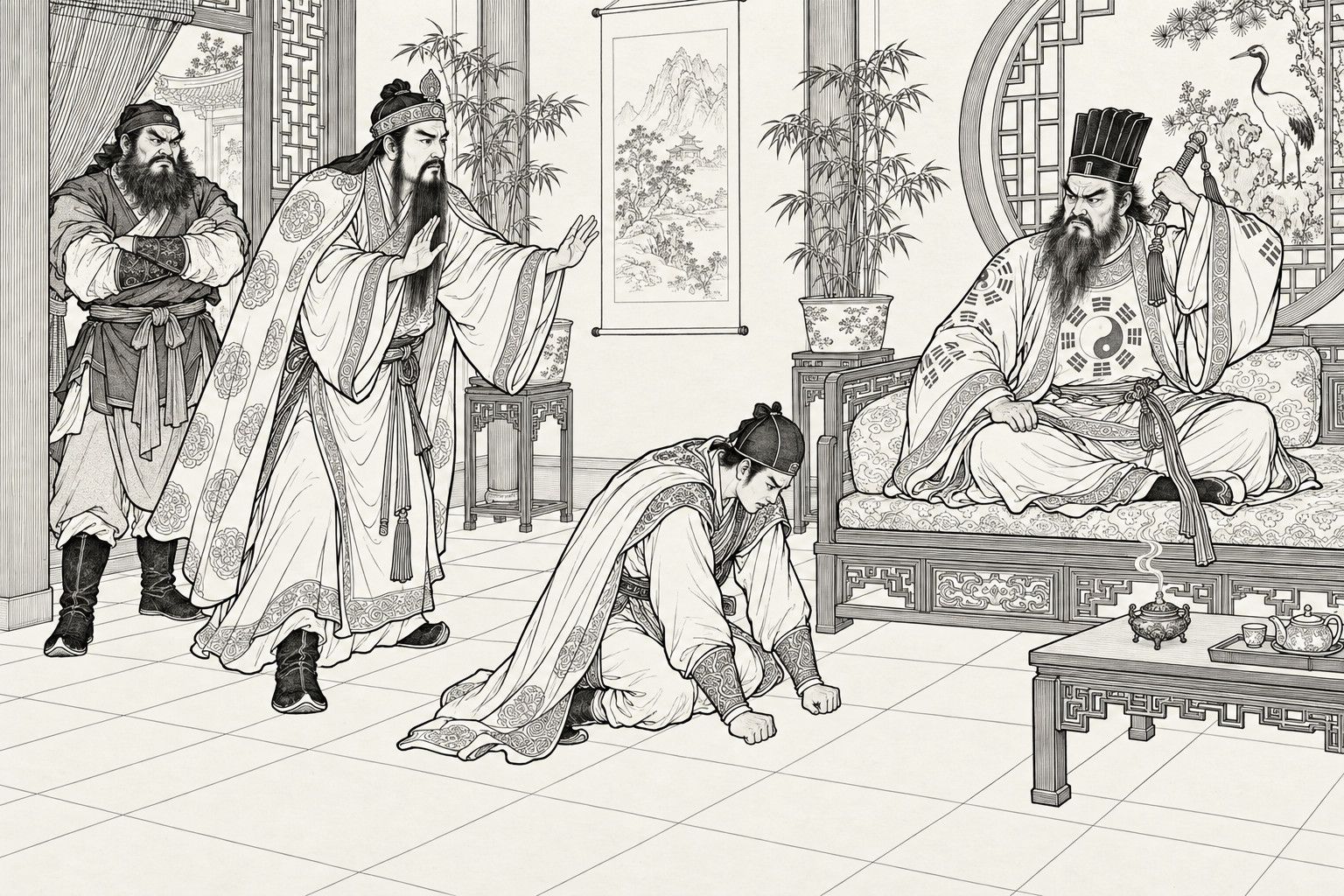 A line drawing in the manner of a late-Qing lithographed edition: in a pavilion room with a landscape scroll, bamboo in pots and a round lattice window with a crane, a grim Daoist in a tall cap and a robe with yin-yang and trigram patterns sits cross-legged on a cushioned couch drawing a sword part-way from over his shoulder; a young man in a cloak and cap kneels on the floor with his head bowed and fists on the tiles; a tall long-bearded hero in a peony-patterned cloak raises both hands in plea, and a fierce bearded hero with folded arms stands scowling behind him.