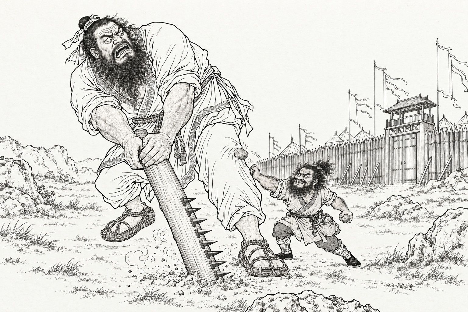 A line drawing in the manner of a late-Qing lithographed edition: outside the palisaded gate of the Zhou camp, the giant Wu Wenhua, bent over, strains to pull his nail-studded club out of the ground, while the small, wild-haired Longxuhu, a bag of stones at his waist, darts in at his leg and strikes it with a stone.