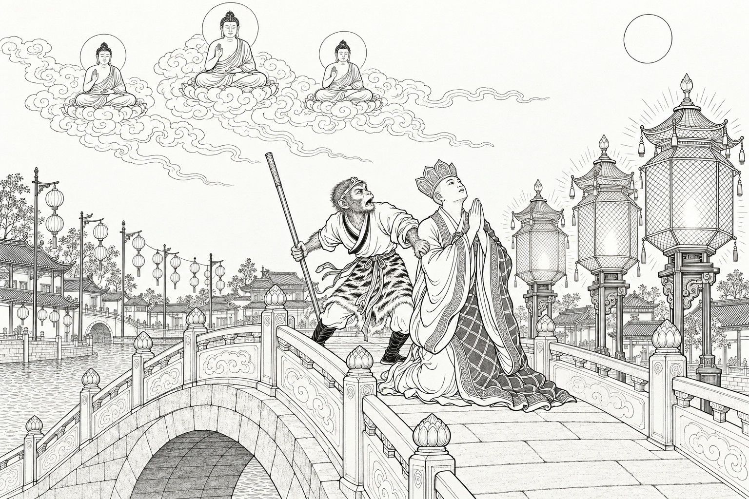 A line drawing in the manner of a late-Qing lithographed edition: on a stone arched bridge by a canal on a moonlit Lantern Festival night, a young crowned monk kneels with palms joined and gazes up at three haloed Buddha figures seated on clouds, while a tiger-skin-kilted monkey with an iron staff grips his arm and shouts a warning, beside three tall glowing wire lamps and rows of hanging lanterns.
