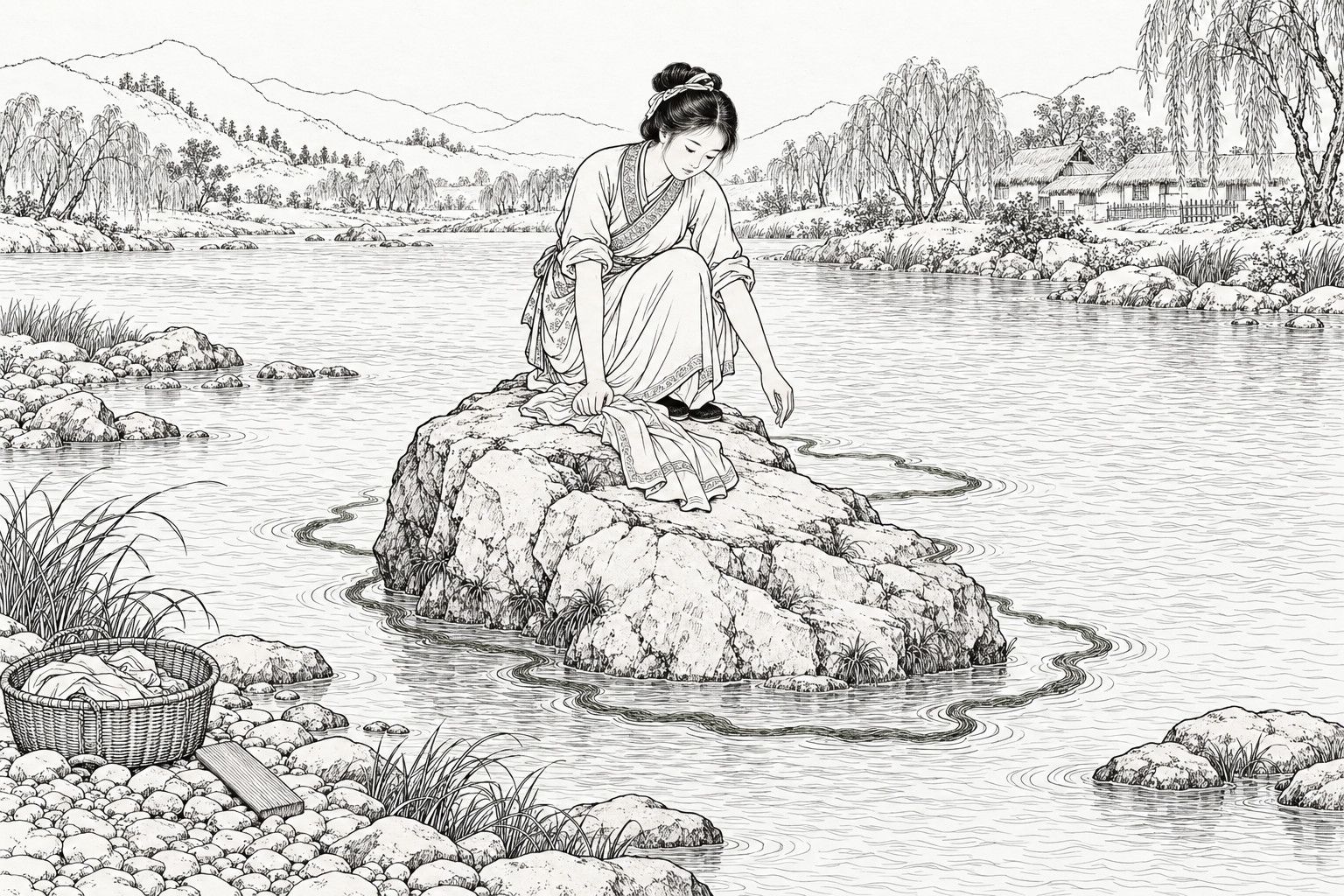 A line drawing in the manner of a late-Qing lithographed edition: on a daytime river in the countryside, a village girl in a plain jacket and long skirt squats on a large rock in the shallow water, one hand resting on a wet cloth and the other held over the water, looking down at a long strand of moss that winds around the foot of the rock, with a basket of washing, a paddle and reeds on the pebbly bank, and willows, thatched houses and low hills on the far shore.