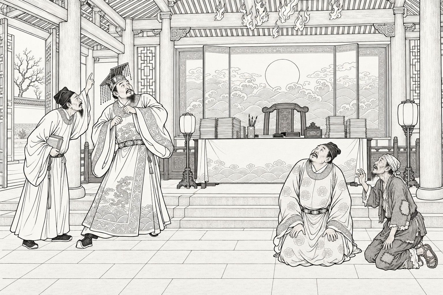 A line drawing in the manner of a late-Qing lithographed edition: inside the great hall of a court, a crowned judge in wide-sleeved ceremonial robes shrinks aside with a raised sleeve and looks up in alarm at small flames licking the roof beams, while an old clerk with a register under his arm points upward beside him and, before a desk piled with registers and a screen painted with waves and a sun, a well-to-do man and a poor old man kneel on the flagstones and gaze up at the fire.