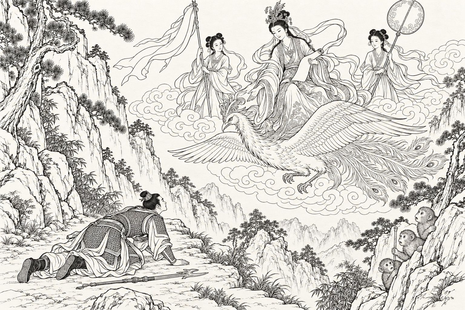 仿清末石印本的线描：松石嶙峋的山路上，武将杨戬双手撑地仰头跪伏，三尖刀横在身旁；戴凤冠、手持卷轴的女娲驾大鸟乘云降下，两名女童各持长旛和圆扇相随，岩石后三只小猴探头张望，其中一只握着短棍。