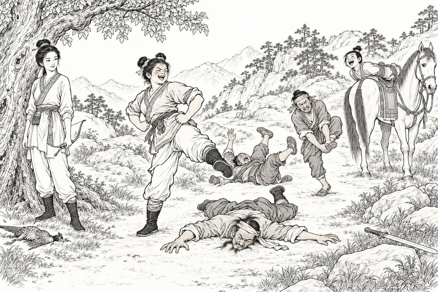 仿清末石印本的線描：山路上的大樹下，梳雙髻的結實姑娘沙秋葵一腳把瘦削的盜首葛瑤明踢得趴在地上；一個嘍囉仰面倒在他身後，另一個抱著腳單腿跳；姐姐沙鳳仙握著小弓平靜地站在樹下，右邊被綁著橫在馬背上的艾虎放聲大笑。