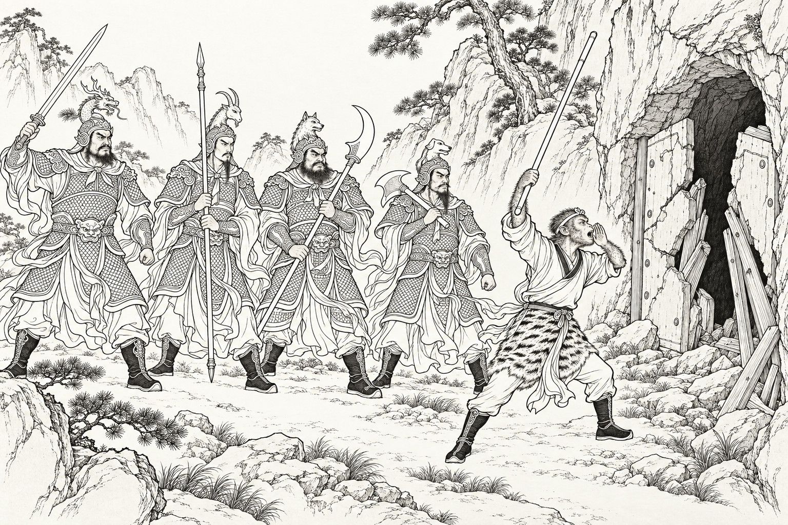 A line drawing in the manner of a late-Qing lithographed edition: before the broken stone doors of a mountain cave, Sun Wukong raises his staff and shouts his challenge with a hand cupped at his mouth, while four armoured star lords stand in a rank behind him, each with a different weapon and a different beast on his helmet.
