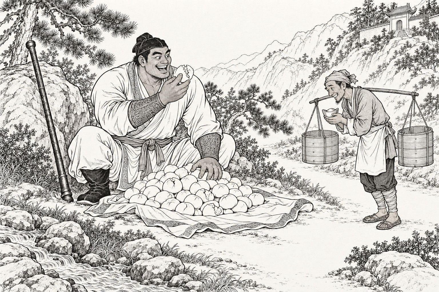 仿清末石印本的線描：松樹和半山寺門旁的山澗邊，一個魁梧青年蹲在鋪在地上、堆滿饅頭的斗篷邊，舉著一個裂開的饅頭大笑，背後岩石旁靠著一支鐵錘；右邊，包頭巾的瘦小賣饅頭的人挑著扁擔和兩個蒸籠，捧著一小錠銀子，鬆了口氣地笑著躬身。