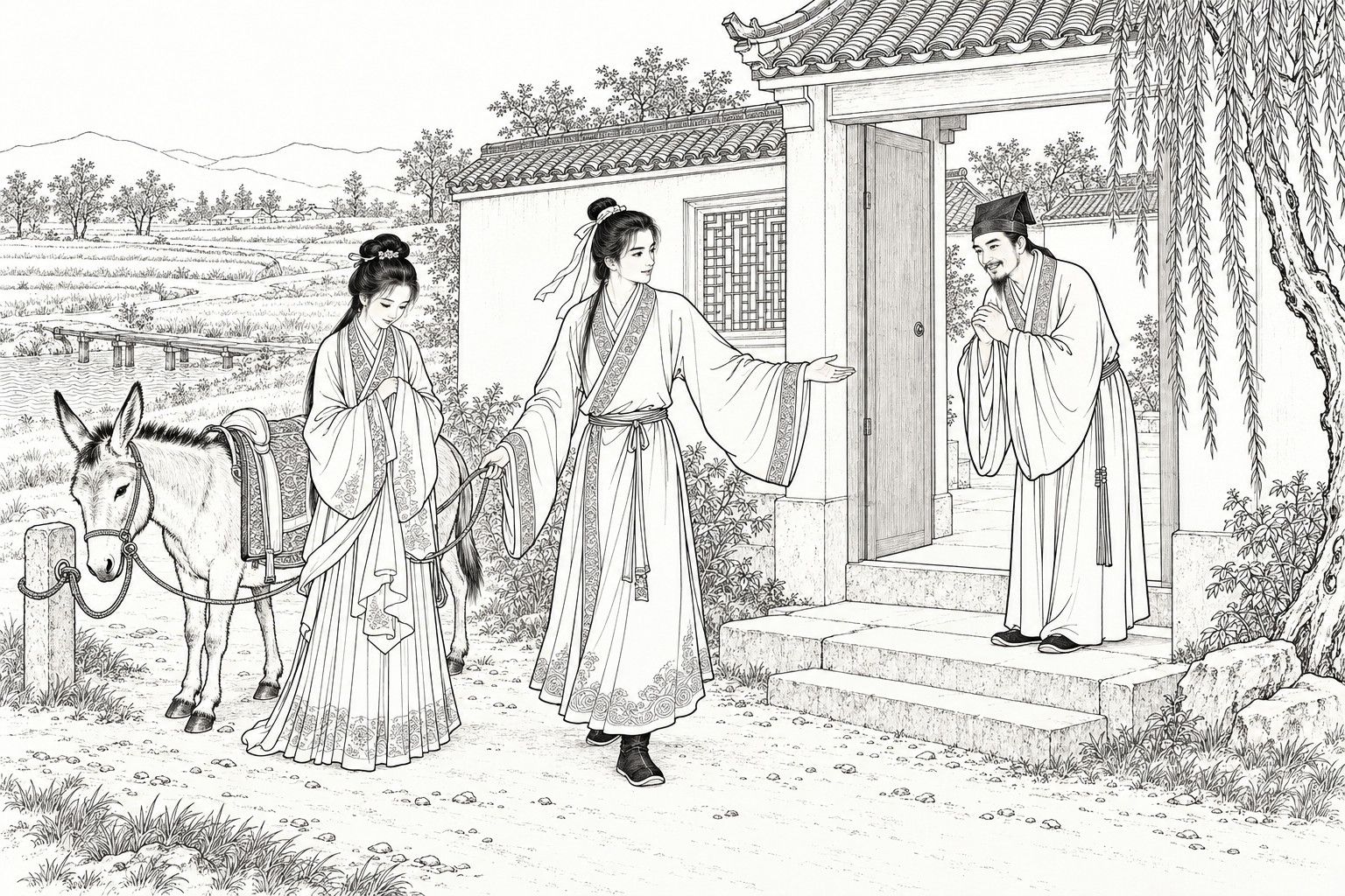 A line drawing in the manner of a late-Qing lithographed edition: at noon before the open gate of a country house beside fields and a stream, a slender young man turns to point the way in while holding a tethered donkey's rope, a shy girl stands beside the donkey with lowered eyes and a hand on her sleeve, and a bearded scholar in a square cap greets them with clasped hands on the doorstep under a weeping willow.