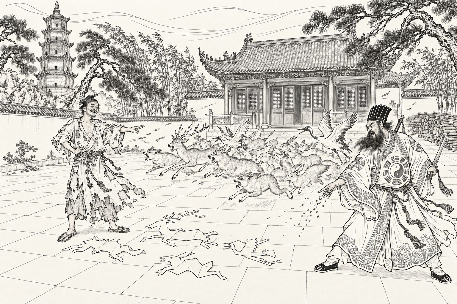 A line drawing in the manner of a late-Qing lithographed edition: in a temple courtyard with a hall, a pagoda, pines and bamboo bending in a rising wind, a grim Daoist in a tall cap and a trigram-patterned robe with a sword in one hand scatters grains from the other, shouting a spell; a pack of snarling foxes, a stag, hares and cranes charges across the paving; a ragged monk stands calmly with one hand on his hip and two fingers pointing at them, laughing, while several beasts that have reached him lie flattened on the stones as paper cut-outs.
