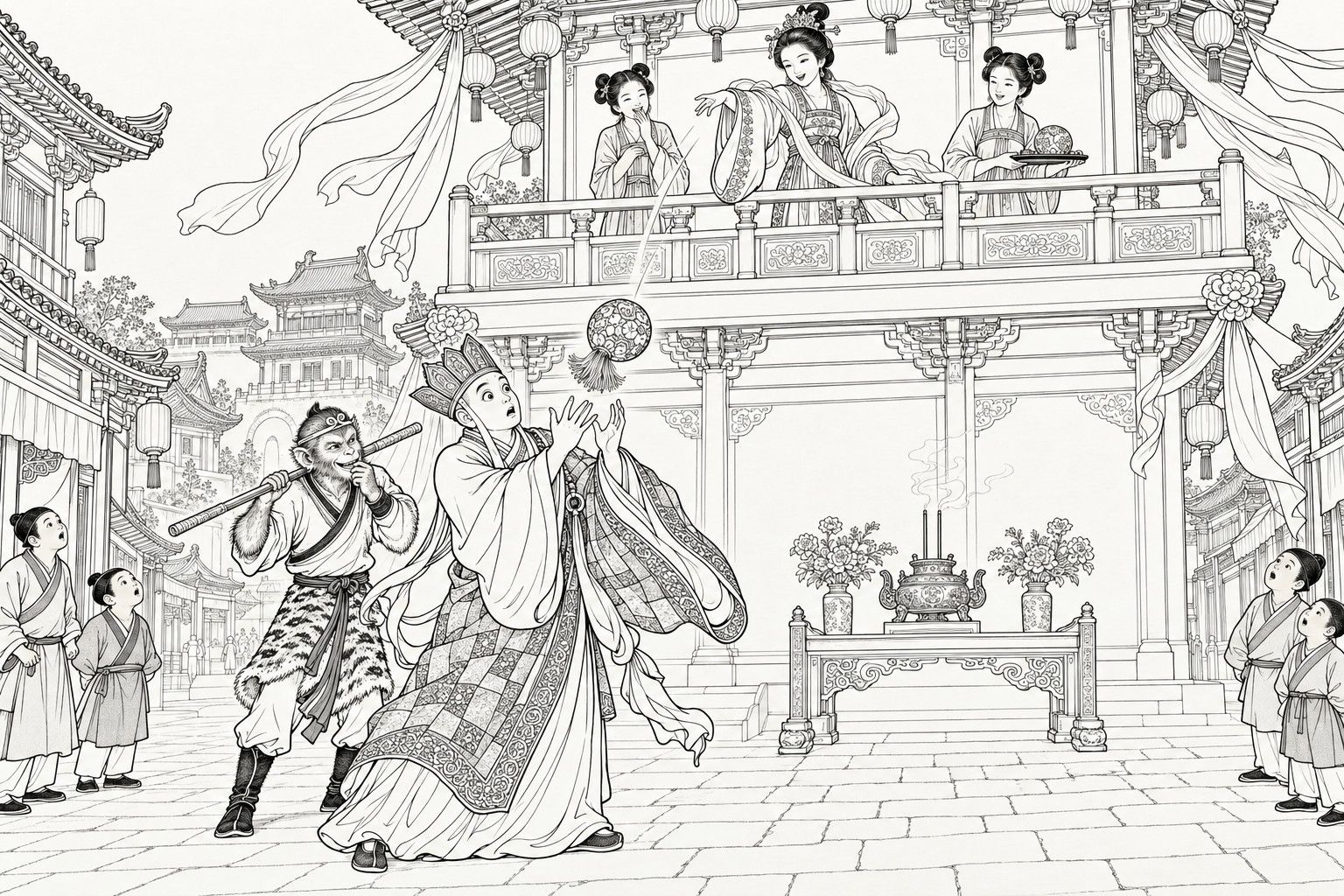 A line drawing in the manner of a late-Qing lithographed edition: in a festive city street below a decorated two-storeyed tower, a princess on the balcony has just thrown an embroidered ball, and the monk Tang Sanzang, his tall cap knocked crooked, throws up both hands to catch it in shock, while Sun Wukong behind him grins with a hand at his mouth and his staff over his shoulder; two maids watch from the balcony and four small townspeople stare up from the street edges.