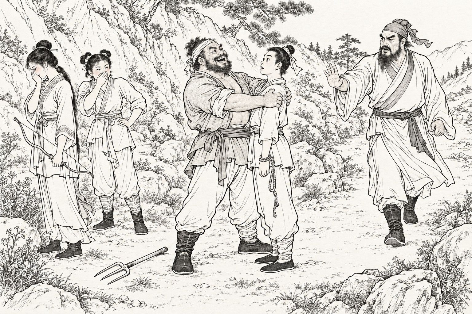 A line drawing in the manner of a late-Qing lithographed edition: on a mountain path, the burly Jiao Chi, his three-pronged fork thrown on the ground, laughs with his head back and clasps the stiff, wide-eyed Ai Hu in both arms; the tall Sha Long hurries in from the right with one hand raised in warning, while at the left Sha Fengxian, holding a small bow, covers her blushing face with one hand and her sister Sha Qiukui, hand on hip, shakes with laughter behind her palm.