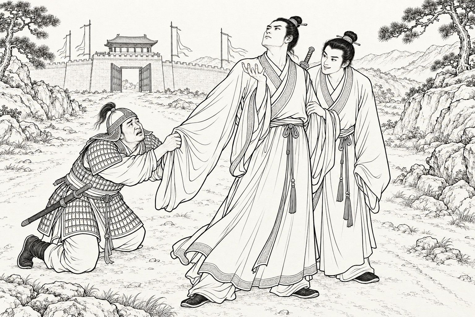 A line drawing in the manner of a late-Qing lithographed edition: on the road outside a pass fortress, an elder Daoist with a sword slung on his back turns away with head thrown back and one palm raised, a long sleeve swung out and gripped by a kneeling army officer with a wretched face, while a younger Daoist beside him lays a hand on his arm and leans in with a sly smile.