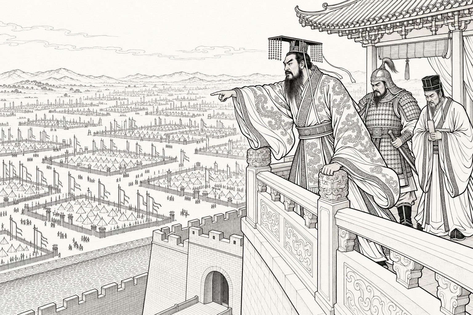仿清末石印本的線描:都城城樓上,戴冕的紂王身子前傾,一手扶欄杆,一手驚懼地指向平原上排列整齊的諸侯大營和旗幟;身後一位按劍的披甲將軍和一位捧笏的老臣神情凝重;下面的城門是素面拱門。