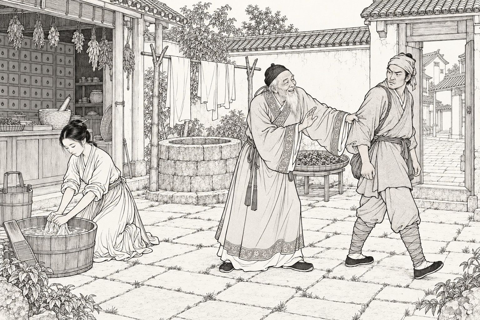 A line drawing in the manner of a late-Qing lithographed edition: in the daytime courtyard behind a medicine shop, a young woman kneels at a wooden tub washing clothes with her head bowed, while a smiling old bearded shopkeeper catches the sleeve of a headcloth-wearing traveller who is turning to leave toward the gate, with a stone well, a pole of washed clothes, a drying tray of herbs and the drawer wall of the shop around them.