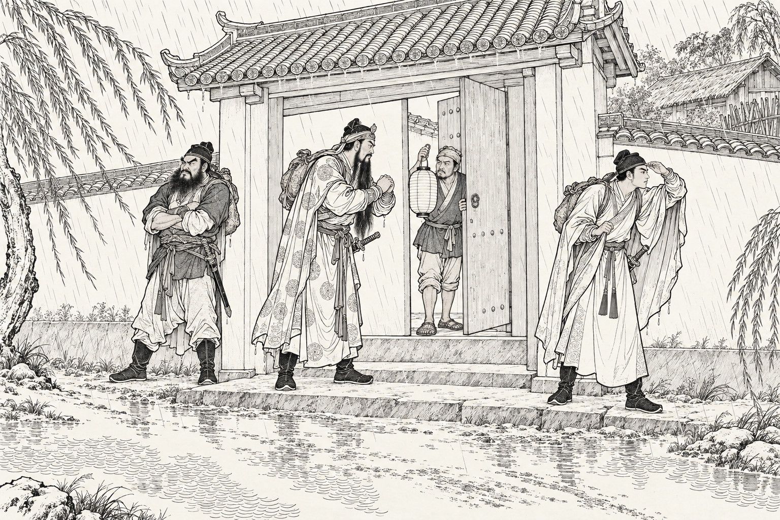 A line drawing in the manner of a late-Qing lithographed edition: on a rainy evening under the tiled gateway of a country house with willows and puddles, a tall long-bearded man in a peony-patterned cloak, a pack on his back and a sword at his hip, bows with clasped hands toward a farmhand who holds a paper lantern in the half-open gate; a fierce bearded man with folded arms scowls at the rain at the left, and a slim young man in a cloak shades his eyes and peers out at the right.