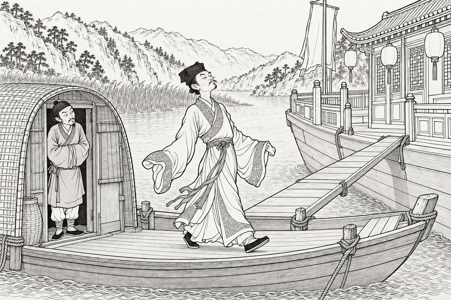 A line drawing in the manner of a late-Qing lithographed edition: on a river boat moored beside a large official boat with a plank laid between them, the thin scholar Li Pingshan swaggers across the deck with his chin in the air, cheeks puffed and sleeves swinging, while Jiang Ping stands in the cabin door with his hands tucked in his sleeves, watching him with raised brows.
