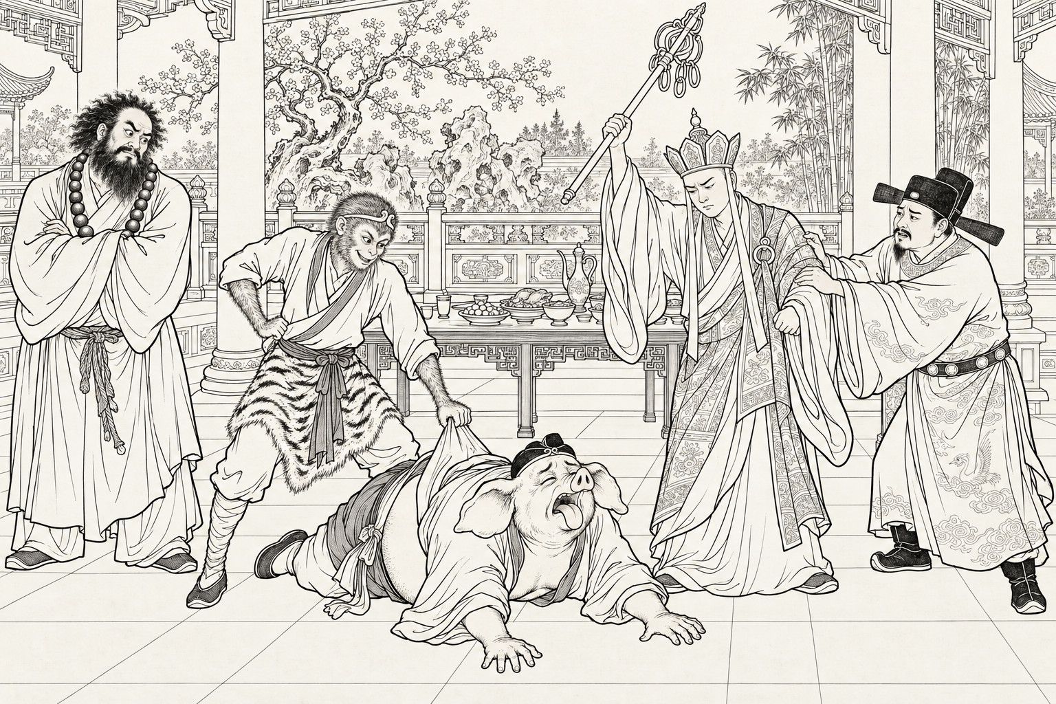 A line drawing in the manner of a late-Qing lithographed edition: in a garden pavilion by day during a banquet, a crowned monk raises a ring-topped staff while an official in a winged black hat holds his arm, a monkey-faced pilgrim in a tiger-skin kilt pins down a sprawling, wailing pig-faced pilgrim, and a bearded, wild-haired companion with prayer beads looks on with folded arms, with a laden table, carved railing, flowering tree, rocks and bamboo behind.