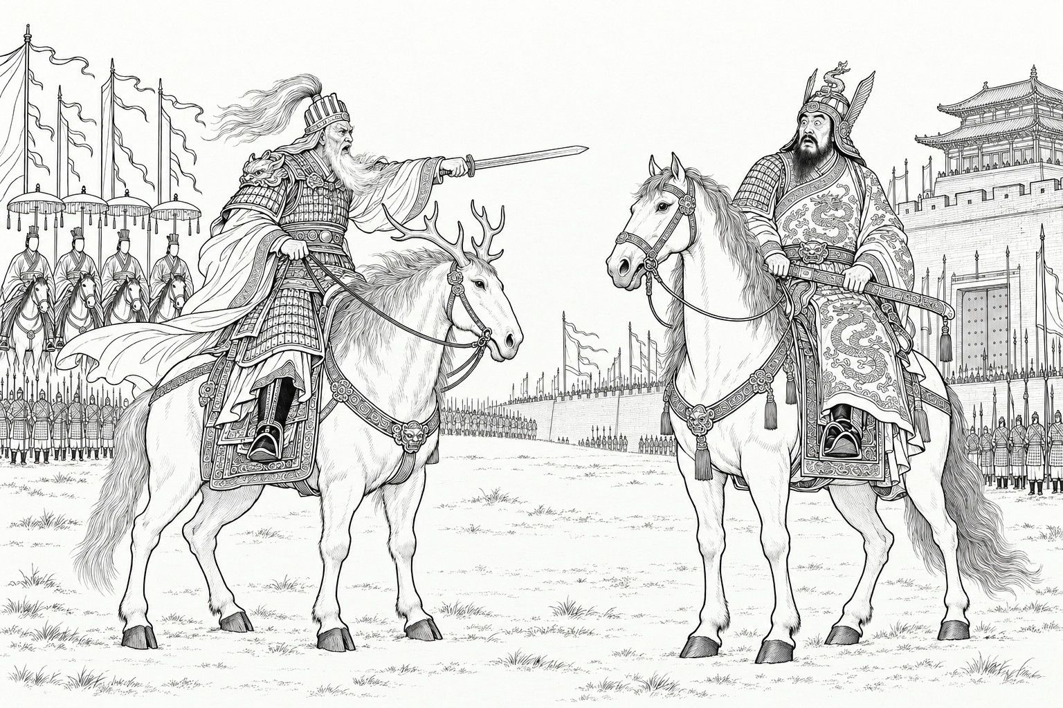 仿清末石印本的線描:都城正門前,披甲的白鬚老元帥騎著鹿角坐騎,伸直持劍的手臂指向對面的紂王;紂王騎在高大的戰馬上,戴著雙翅盔,大刀橫在鞍前,睜圓雙眼、張著嘴發愣;元帥身後是四位撐空白傘蓋的小騎士,兩邊都有成排的小兵。