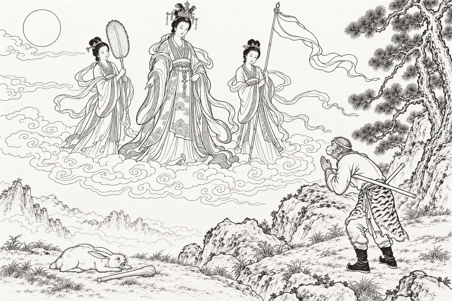 仿清末石印本的線描：山坡上空的雲層裡，戴鳳冠的太陰星君站在兩位仙子之間，一位舉著羽扇，一位擎著飄帶的旗幡；下面一隻白兔伏在地上，身旁丟著一根短杵，孫悟空腋下夾著鐵棒，合掌向她們躬身行禮。