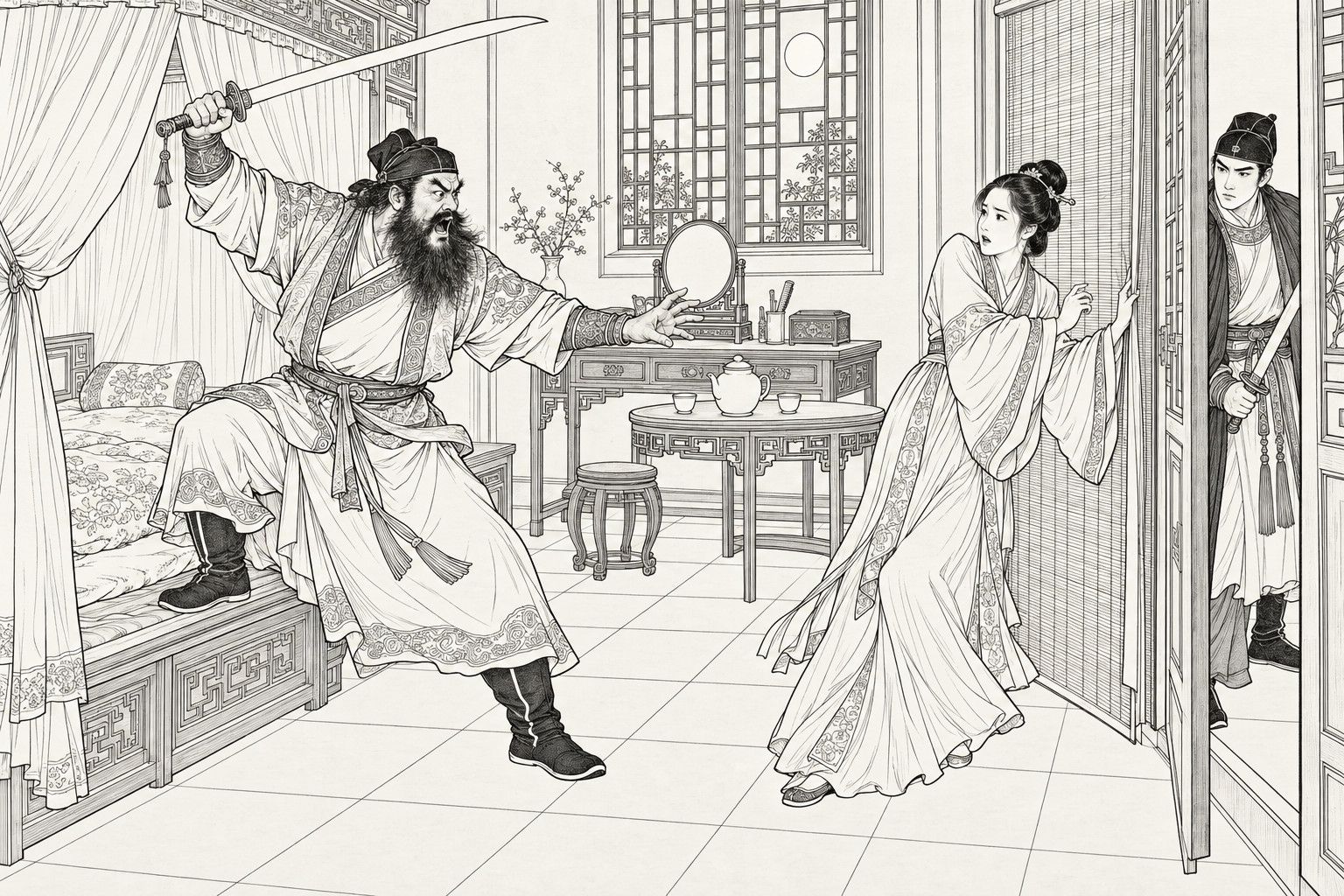 仿清末石印本的线描:夜里,女子卧房里有挂帐的床、带圆镜的梳妆台、茶桌,花格窗里有一轮月;一个包头巾的虬髯凶汉一脚踏在床沿,高举钢刀,另一手伸出,大声吼叫;一位梳髻插簪、穿飘逸衣裙的年轻女子从门帘边向后缩身,张着嘴,一手抬起;右边敞开的门后,披斗篷、戴帽的清秀青年手握钢刀,严阵以待。