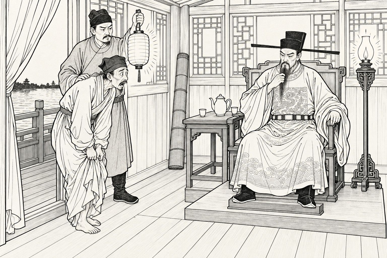 仿清末石印本的線描：夜裡官船的艙中燈火明亮，一位戴長翅紗帽的嚴肅長鬚官員端坐高背椅上捋須，門口一個赤腳的瘦書生哈著腰、雙手拽著衣襬遮腳，身後管家一手提燈籠、一手按著他的肩，旁邊有小几茶具和高燈臺。