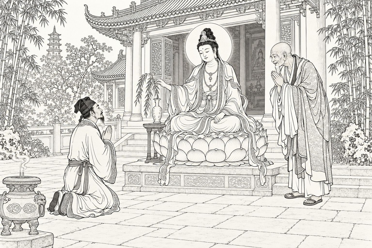 A line drawing in the manner of a late-Qing lithographed edition: in the paved courtyard of a Buddhist hall among tall bamboo, a lean bearded scholar kneels with palms joined before a seated Bodhisattva on a lotus throne, who reaches toward a willow sprig in a vase, while an old shaven-headed monk stands beside her with joined hands, pleading on the scholar's behalf.