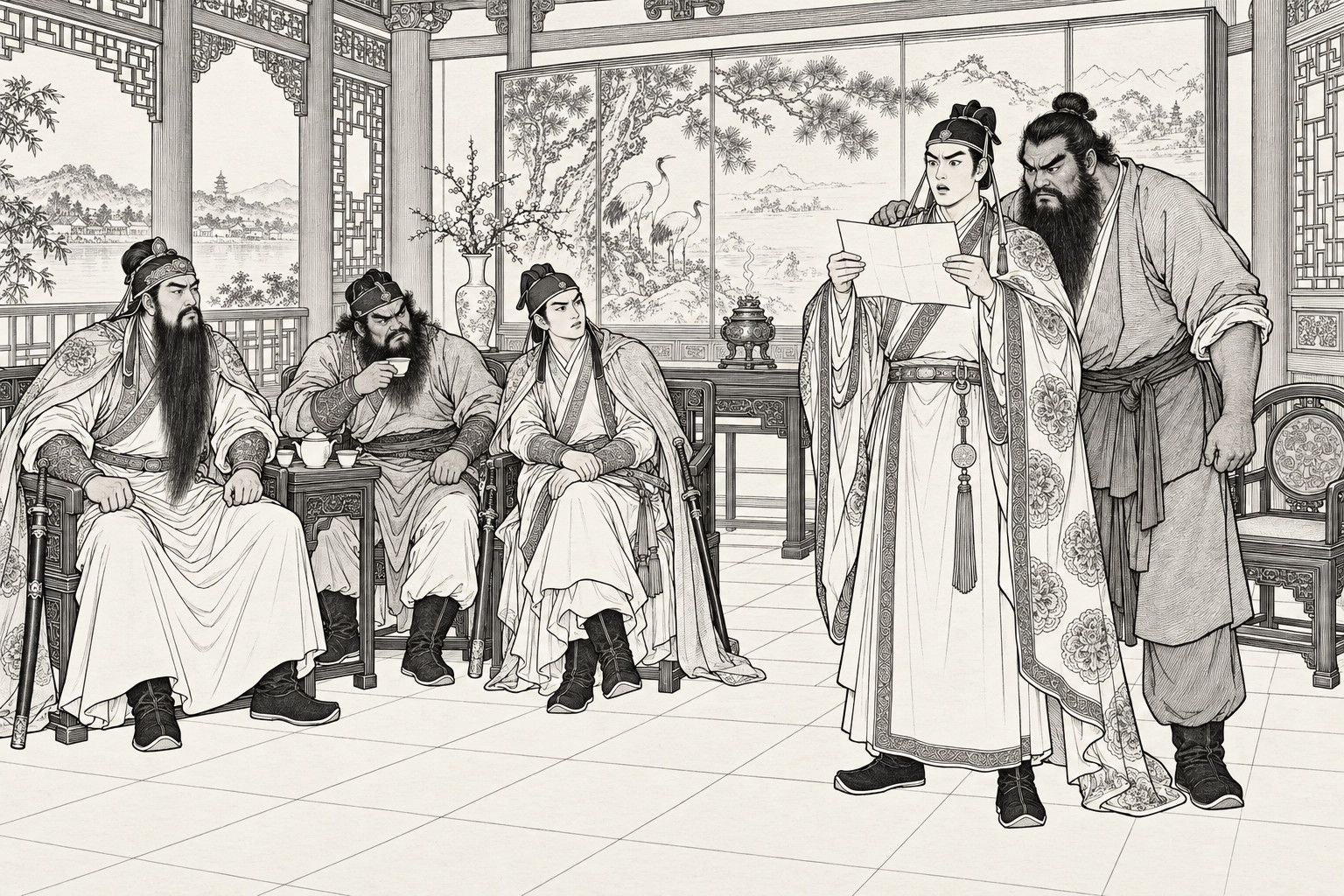 A line drawing in the manner of a late-Qing lithographed edition: in a hall with a pavilion screen of cranes and pines and a window onto a lake, a young master in a peony-patterned robe and tasselled cap stands holding up an unfolded letter with raised brows and a shocked face while a huge bearded man in a plain robe leans over his shoulder to read it, frowning; at the left three visitors with swords sit by a tea table, a long-bearded one, a fierce bearded one sipping from a cup, and a slim young one, watching gravely.
