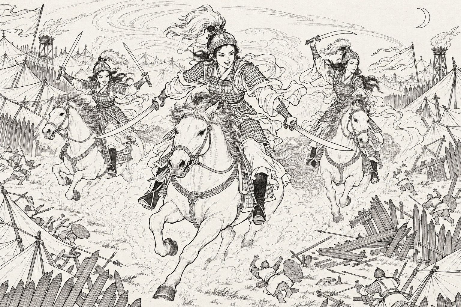 A line drawing in the manner of a late-Qing lithographed edition: at night, three armoured women in plumed helmets gallop in a V formation through a camp on spirited horses in a swirl of dust, the one in front with a curved sabre in each hand, one with a sword raised in each hand, and one with a curved sabre held up behind her head, while tents are flattened, palisades lie broken, watchtowers burn with torches and tiny soldiers tumble and scatter under a thin crescent moon.
