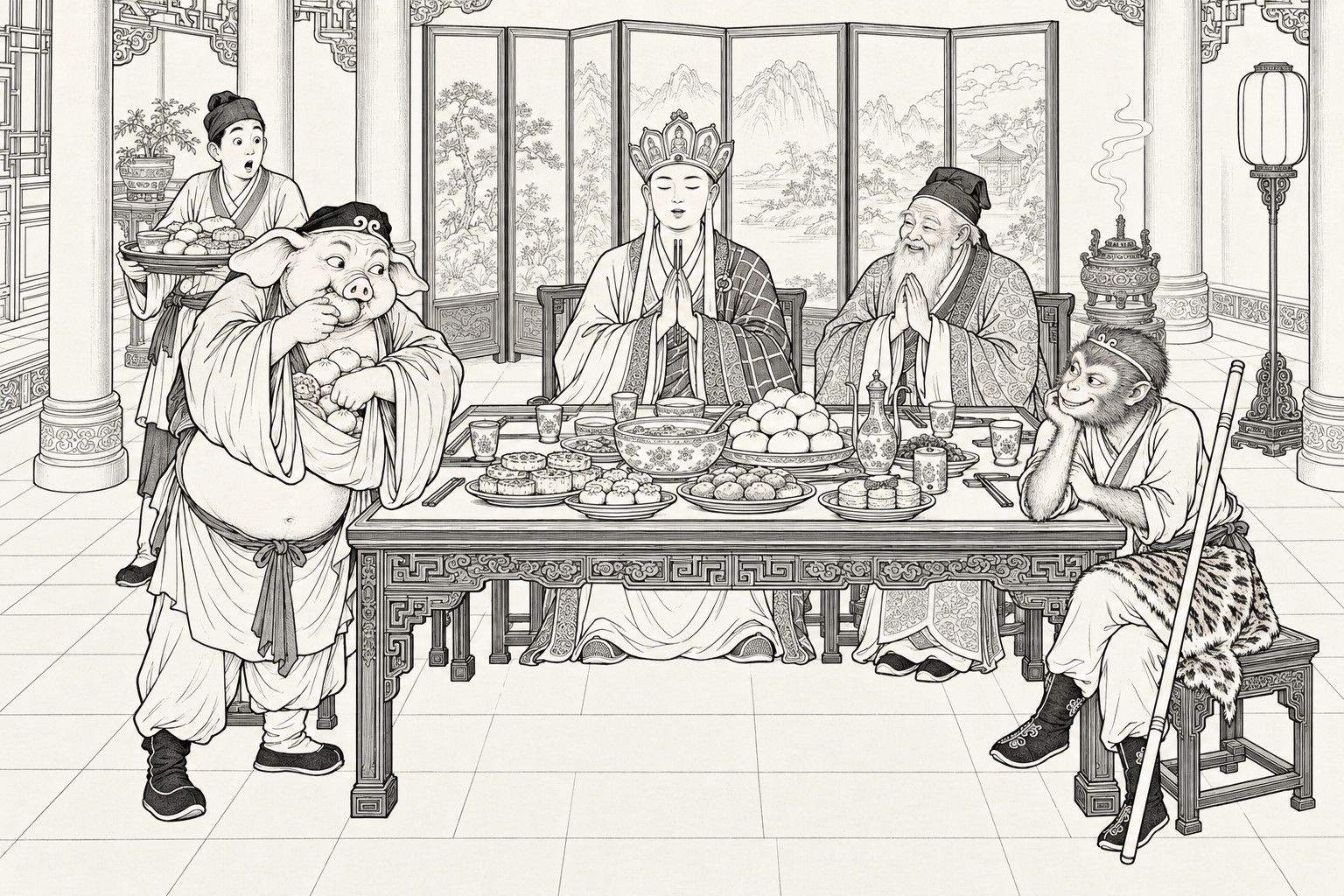 A line drawing in the manner of a late-Qing lithographed edition: at a banquet table in a rich household's hall, the monk Tang Sanzang recites grace with chopsticks held between his joined palms beside the smiling white-bearded host, while Zhu Bajie stuffs buns into his wide sleeves, a startled servant with a tray looks on, and Sun Wukong, chin on fist, grins at the pig.