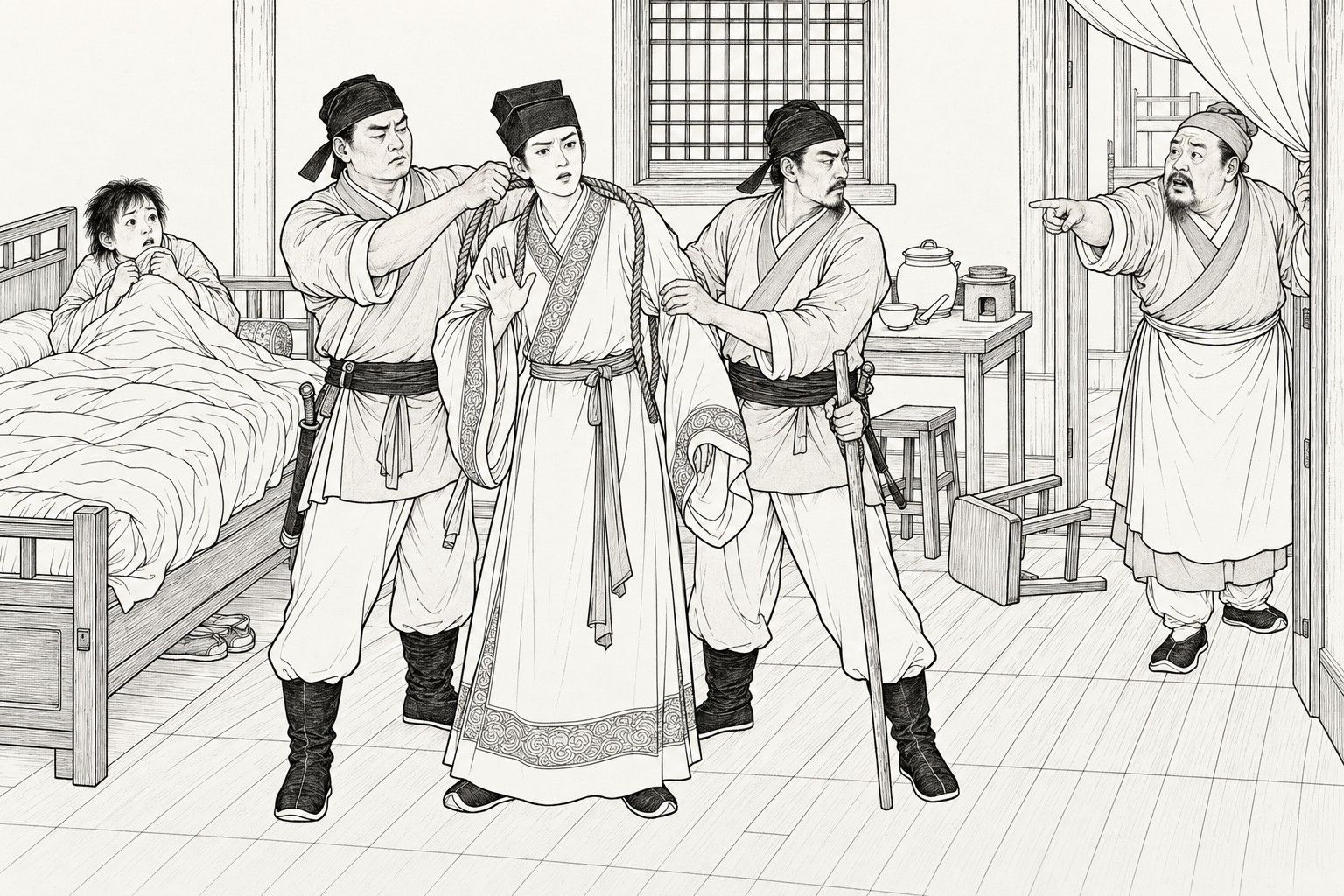 仿清末石印本的線描:客店的小房間裡,兩個差役闖進來,一個把繩索套上年輕書生施俊的肩頭,另一個抓著他的胳膊、手裡拿著短棍;施俊抬手抗辯,右邊門口發福的店家指著他,左邊床上生病的書童錦箋裹著被子坐起,眼睛睜得圓圓的。