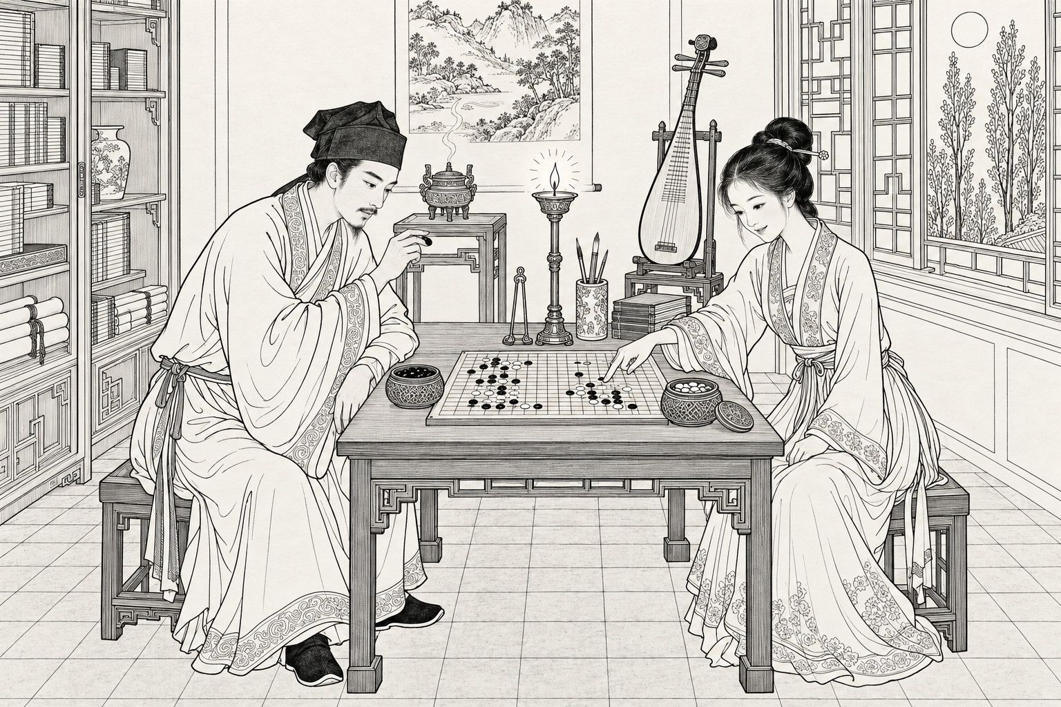 A line drawing in the manner of a late-Qing lithographed edition: by candlelight in a study, a scholar leans over a go board with a stone held in his fingers, hesitating, while a smiling young woman opposite points to a spot on the board; stone bowls sit on either side, and a lute on a stand, a brush pot and a bookshelf fill the room.