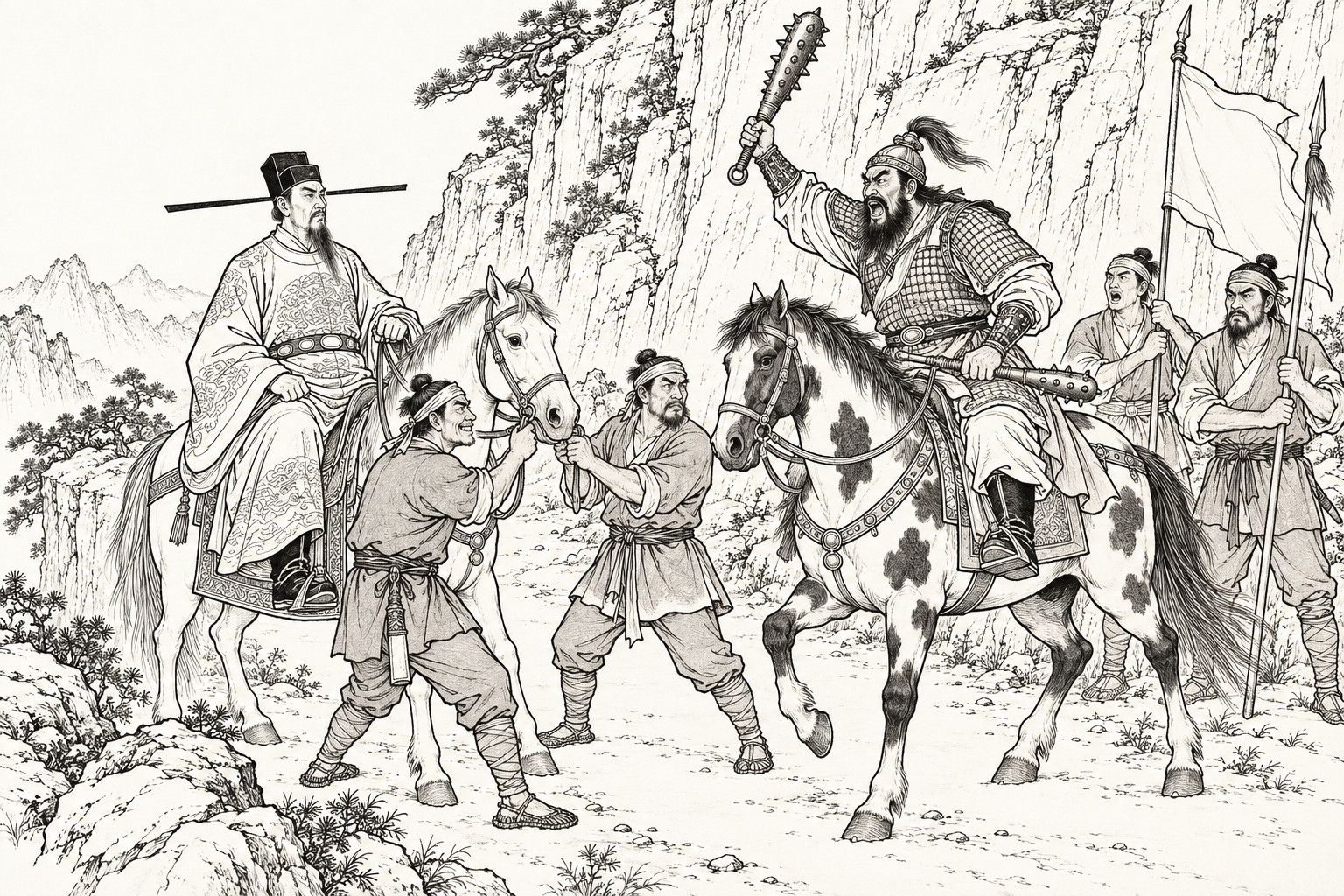 A line drawing in the manner of a late-Qing lithographed edition: at the foot of a steep cliff on a mountain road, the bandit chief Lan Xiao, in scale armour on a patched horse, raises a spiked cudgel and roars, a second cudgel across his saddle; the governor Jin Hui sits upright on his horse at the left with two henchmen gripping his bridle, and behind the chief a standard-bearer with a plain pennant and a spearman stand watching.