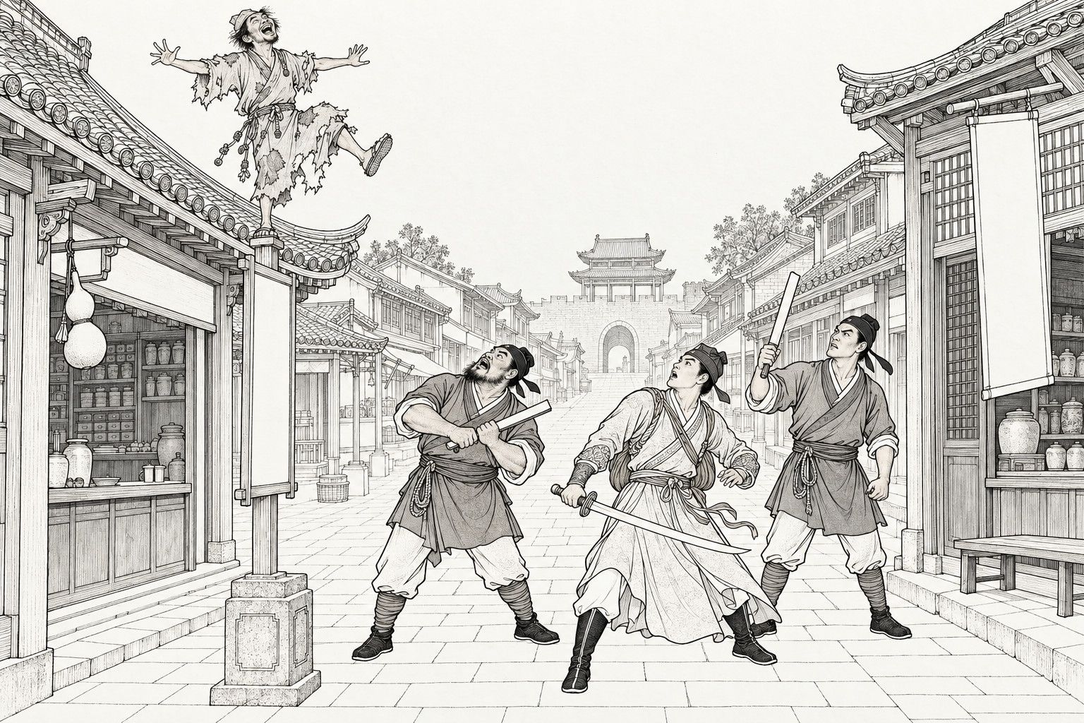 A line drawing in the manner of a late-Qing lithographed edition: on a busy market street of shops with a gate tower at the far end, a ragged monk stands on one foot on top of a tall post and signboard outside a medicine shop hung with gourds, arms spread wide for balance and laughing; below, two constables in head-cloths, one gripping an iron ruler in both hands and one raising his, and a young swordsman in a cloak with a drawn sword all stare up in amazement.