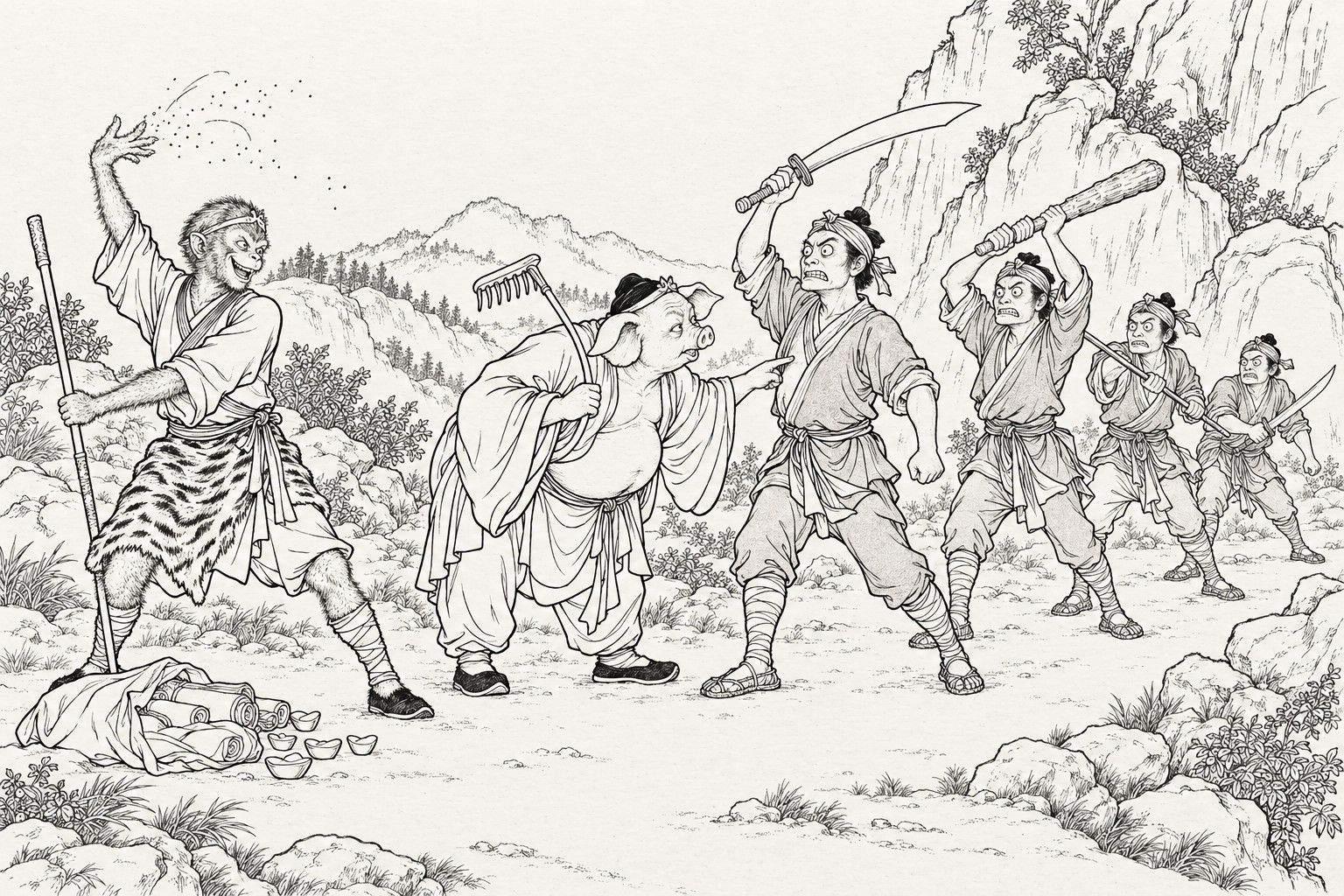 A line drawing in the manner of a late-Qing lithographed edition: on a wild mountain road, Sun Wukong flings a handful of dust into the air with a wide grin, beside an open cloth bundle, and four head-clothed highwaymen stand frozen mid-charge with a sword, club and other weapons raised, while Zhu Bajie, rake on his shoulder, bends forward and pokes the nearest robber in the chest, puzzled.
