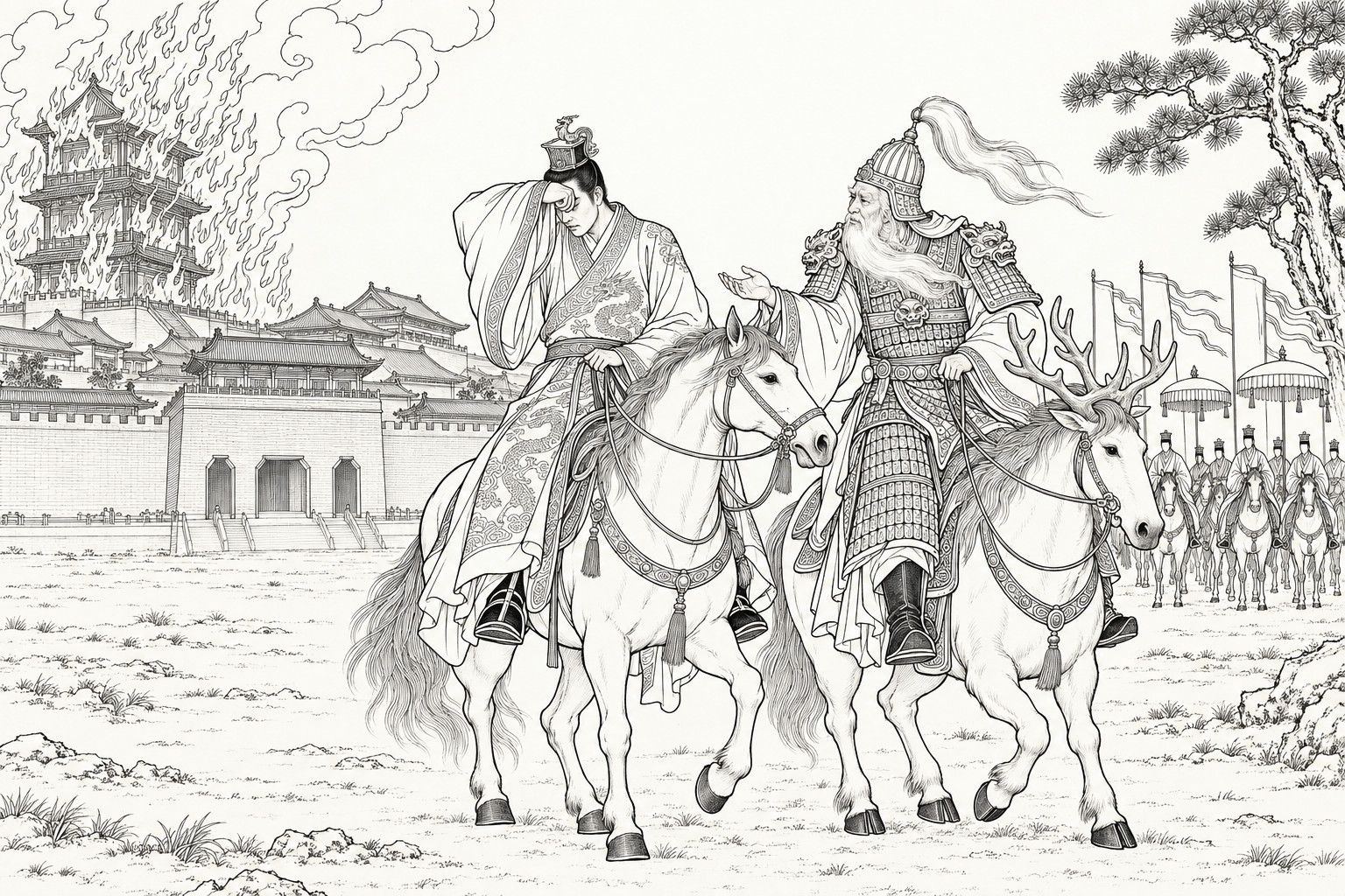 A line drawing in the manner of a late-Qing lithographed edition: outside the palace wall, a three-storey pavilion burns, flames and curling smoke rising from it; in the foreground King Wu on a horse turns away with one wide sleeve held across his eyes, while the white-bearded Jiang Ziya in helmet and armour, on an antlered mount, leans toward him with one hand held out, palm up, and a row of small riders under blank parasols waits at the right.
