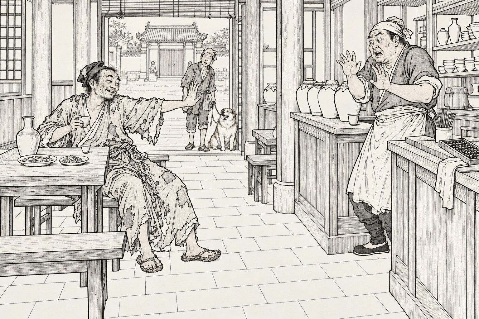 仿清末石印本的線描：有擺著酒罈的櫃檯、算盤和碗架的小酒鋪裡，破衣僧側著身子斜靠桌邊，一手端著酒杯，另一手伸出，手掌豎起，面帶微笑；繫圍裙、包頭巾的胖掌櫃站在櫃檯後，兩手舉起發抖，嚇得變了臉；門口，一個包頭巾的窮漢握著繩子站著，身邊蹲著一條胖狗，張著嘴發愣；對街是一座衙門。