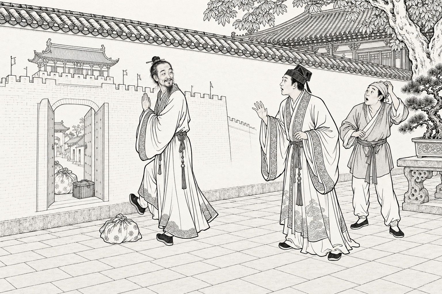 A line drawing in the manner of a late-Qing lithographed edition: in a wealthy family's courtyard by day, a Daoist with a topknot and wide robe turns back with joined hands and a smile, one foot lifted toward the open gate of a city drawn on a whitewashed wall, where his bundle and a small box lie inside, while a startled young gentleman in a scholar's cap and a gaping servant with a kerchief look on beside a stone bench and a potted pine.