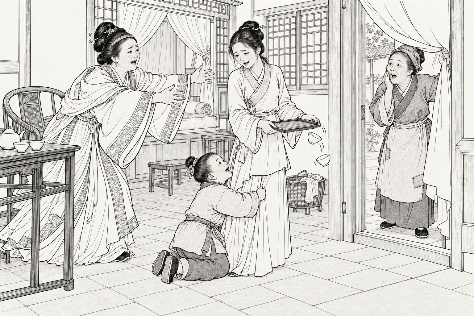 仿清末石印本的線描：莊子的內室裡，端著茶盤的牡丹停在門口，盤上兩隻茶杯正在滑落；小弟弟金章跪著抱住她的腿，歡喜地叫著，含淚的何夫人張開雙臂撲過來，右邊的老村婦掀著門簾，張著嘴發愣。