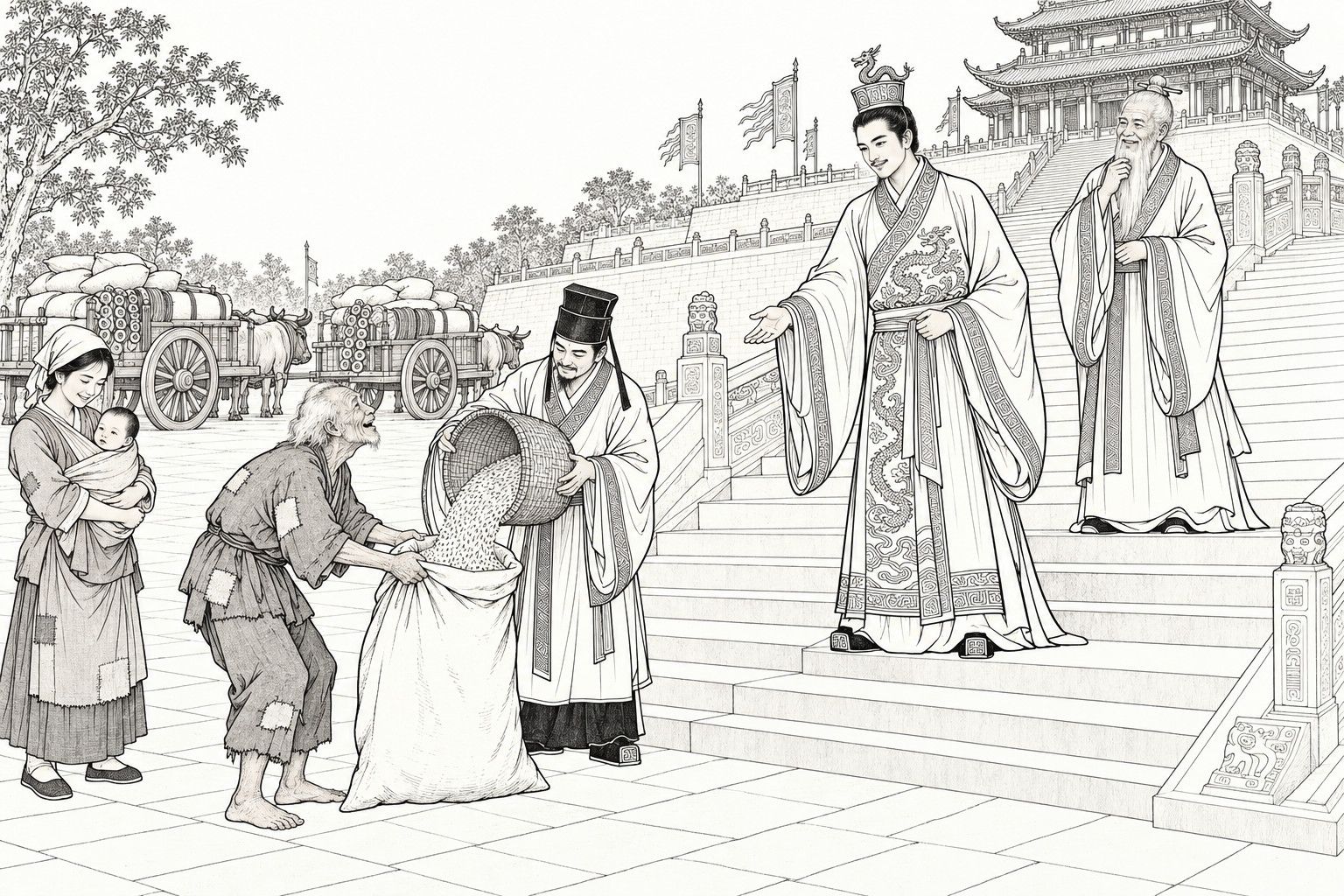 仿清末石印本的线描：鹿台脚下，武王站在宽阔的台阶上，一手摊开作施予状，身后白须的姜子牙微笑捻须；台下一名官员把竹筐里的粮食倒进赤脚老农撑开的口袋，左侧农妇怀抱婴儿等候，后面停着两辆堆着粮袋、钱串和绢匹的牛车。