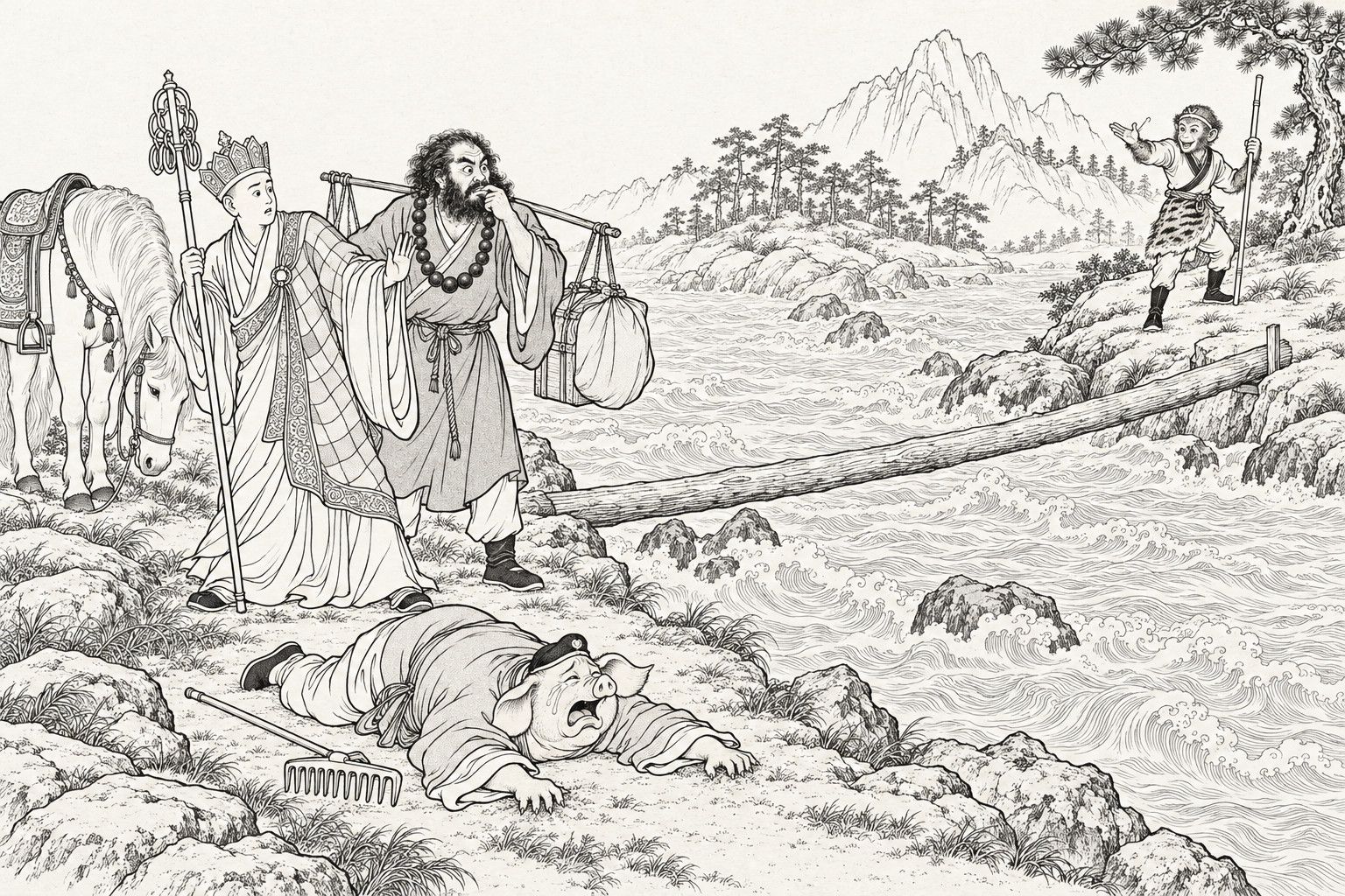 A line drawing in the manner of a late-Qing lithographed edition: By day on the bank of a rough, rushing river, a young monk in a crown and patchwork robe holds a ringed staff and raises a hand in refusal, a bearded, wild-haired companion with a shoulder pole bites his finger in dismay beside him, a pig-faced man lies flat on the ground wailing with his rake beside him, a white horse stands with lowered head, and across a single thin log a monkey-faced man with a staff beckons from the far bank beneath a pine tree.