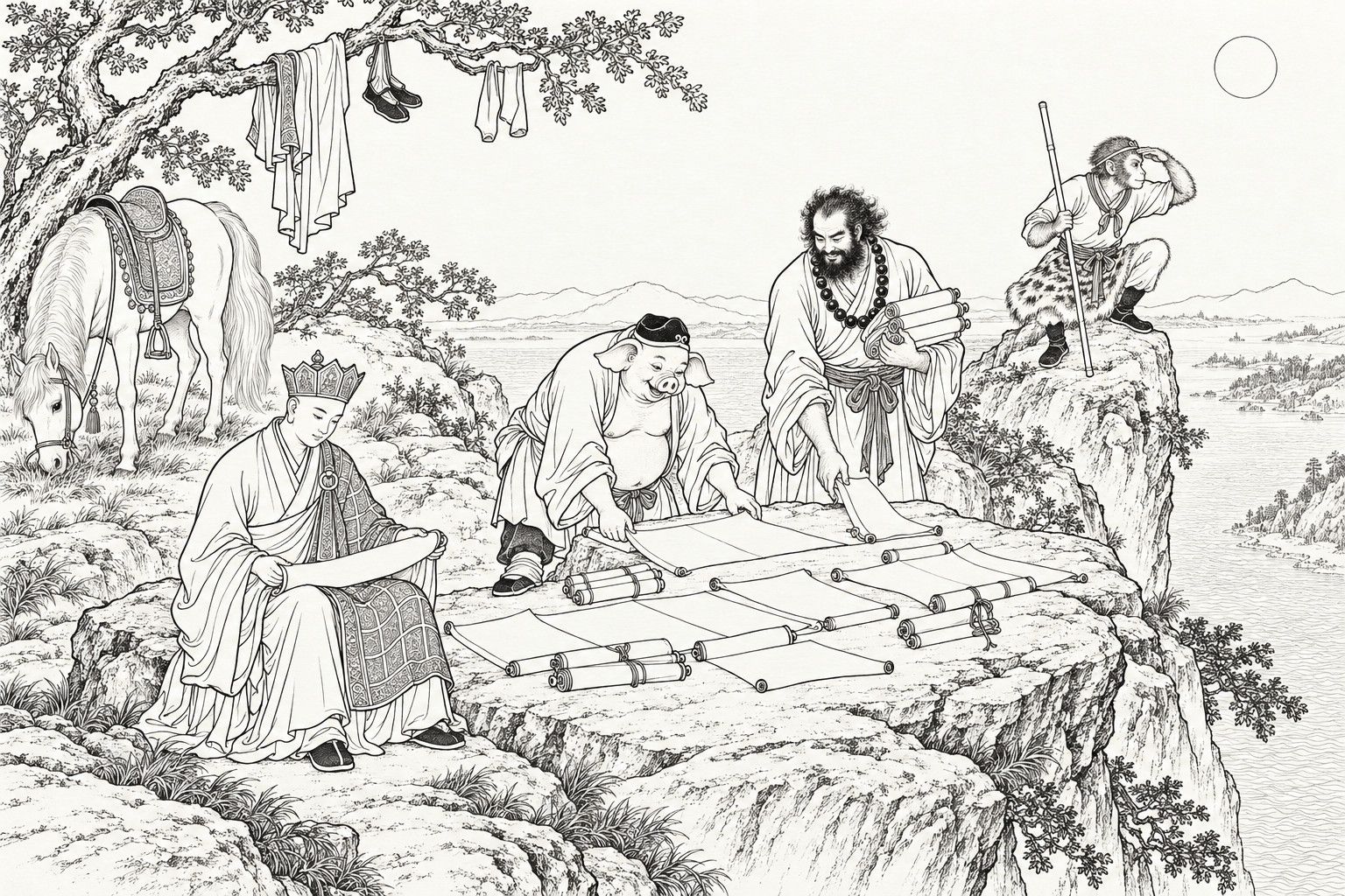 A line drawing in the manner of a late-Qing lithographed edition: on a high flat cliff-top rock in the morning sun above a wide river, a seated monk in a crown reads a scroll while a pig-faced pilgrim and a bearded pilgrim bend to spread scrolls across the rock, a monkey pilgrim crouches on a boulder shading his eyes with his staff beside him, a white horse grazes at the left, and clothes and shoes hang from a gnarled tree.