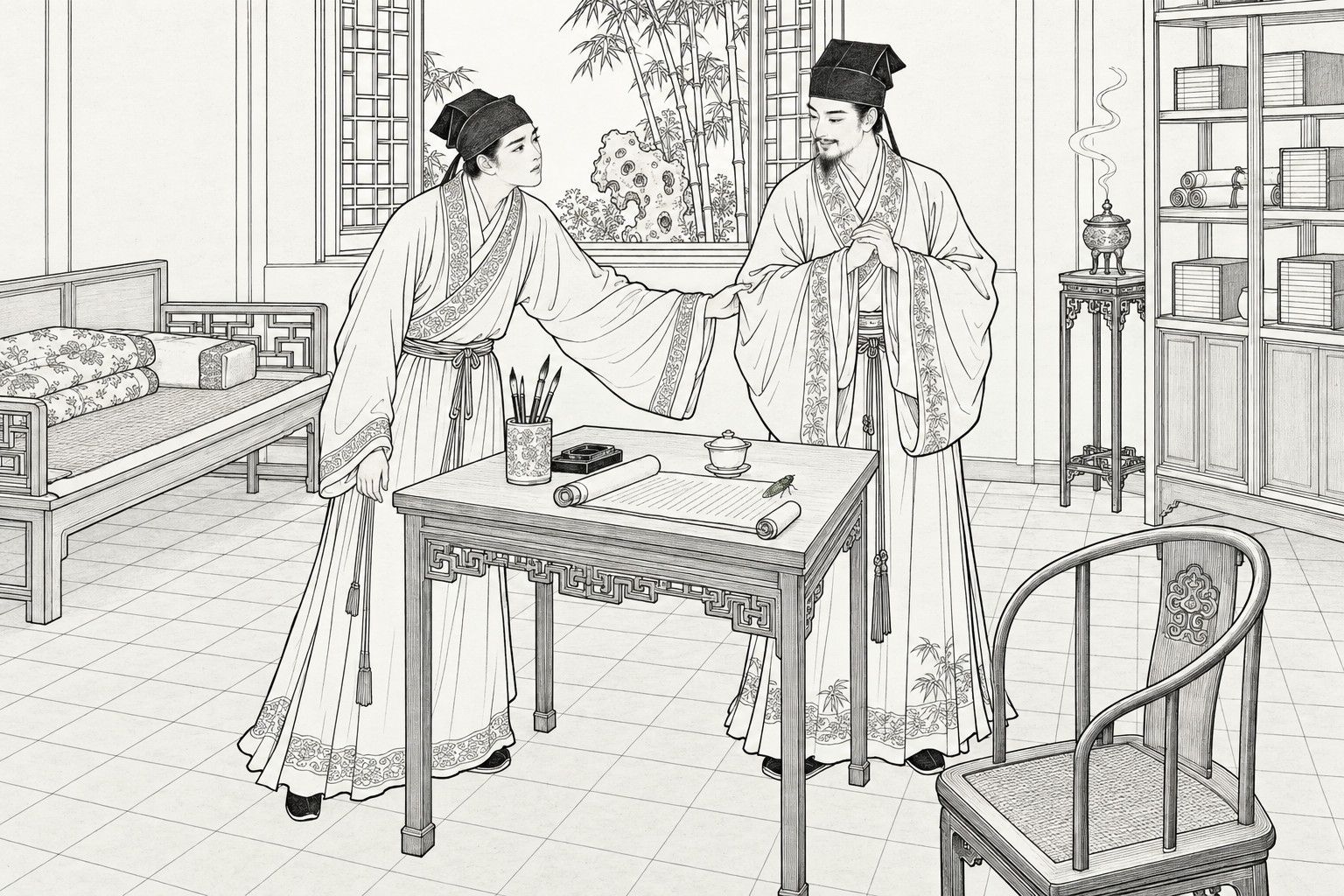 A line drawing in the manner of a late-Qing lithographed edition: by day in a scholar's lodging room with a lattice window opening on bamboo and a garden rock, a young scholar in a soft cap reaches out to hold the sleeve of his bearded guest, who stands across a square table with his hands joined in a farewell bow, while a small cicada rests on the table beside a scroll, brush pot and teacup, with a couch, bookcase, incense stand and round-backed chair around them.