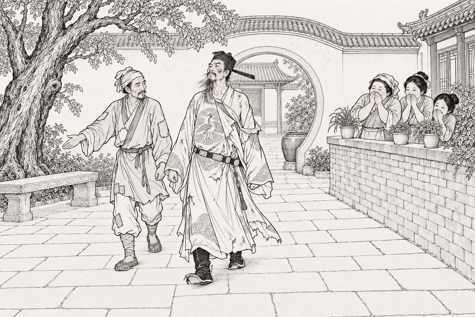A line drawing in the manner of a late-Qing lithographed edition: in a manor courtyard with a moon-gate, the lean governor Jin Hui walks stiffly upright in a ruined robe, with one wing of his hat gone, his belt twisted, his boots split and his beard rumpled and streaked with dust; the old fisherman Zhang Li walks half a step ahead, an arm held out to show the way, while three village women behind a low brick wall cover their mouths, shaking with laughter.