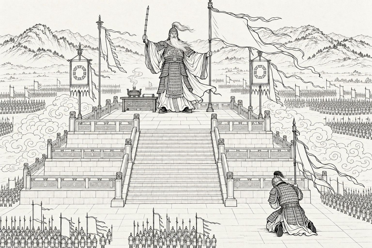 A line drawing in the manner of a late-Qing lithographed edition: on the three-tiered Investiture Platform, the old white-bearded Jiang Ziya in full armour stands at the top beside an altar table with an incense burner, a tall pole with a plain banner in one hand and a short rigid jointed iron whip raised in the other, while a helmeted ancient general kneels at the foot of the steps holding a pole with a streaming banner, and ranks of tiny soldiers stand around the platform under rolling clouds.