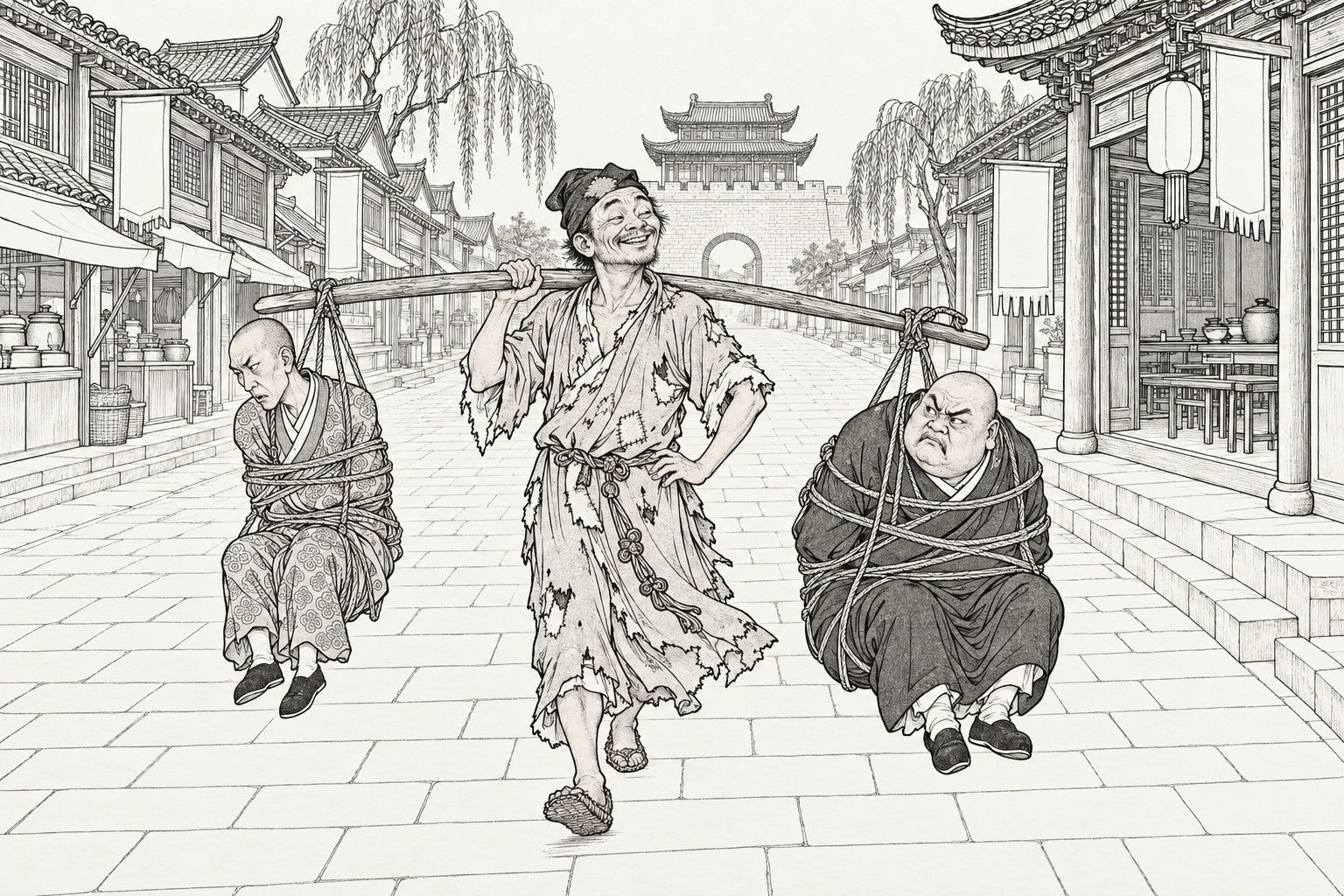 A line drawing in the manner of a late-Qing lithographed edition: in the main street of a market town with willows, shop banners and a gate tower at the far end, a ragged monk walks along with a thick carrying pole across his shoulder and one hand on his hip, smiling; from each end of the pole hangs a shaven-headed fake monk tied up in ropes like a parcel with his feet dangling, one lean in a patterned robe and one fat in a plain dark robe, both scowling.